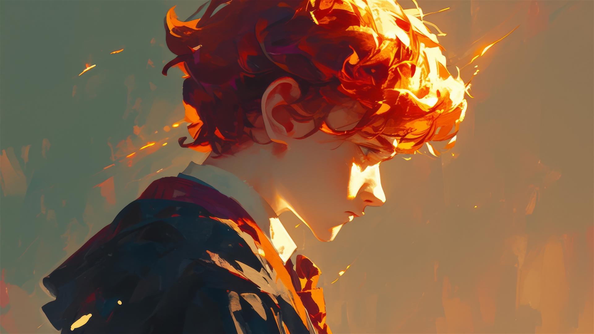 Artistic drawing of Ron Weasley with red hair on a dark background