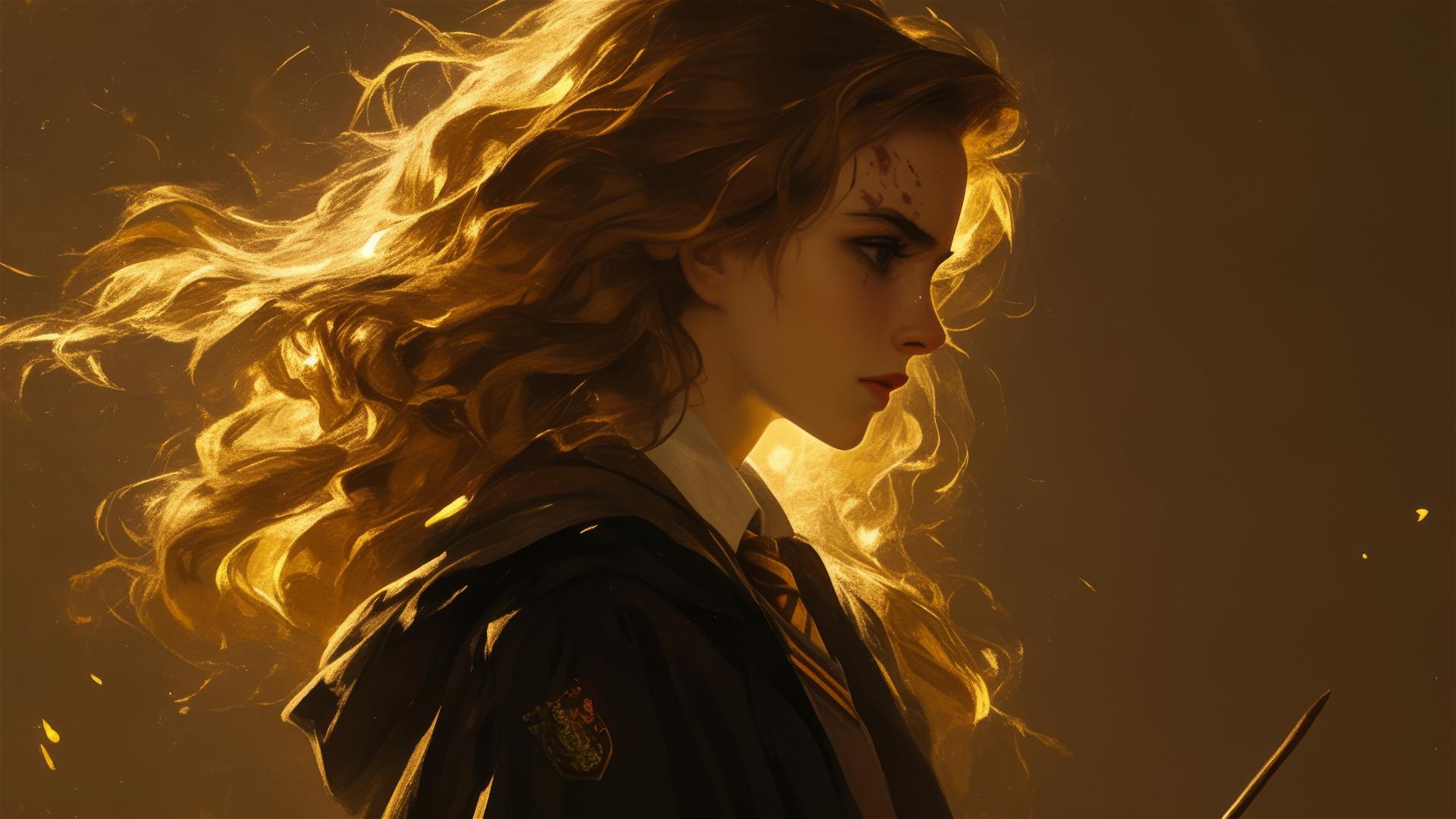 Dark background with artistic drawing of Hermione Granger in spotlight