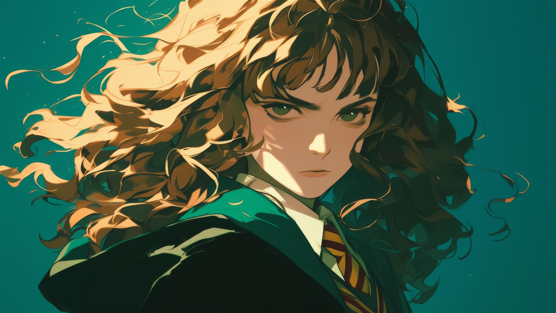 Artistic portrayal of Hermione Granger with dark backdrop and spotlight effect