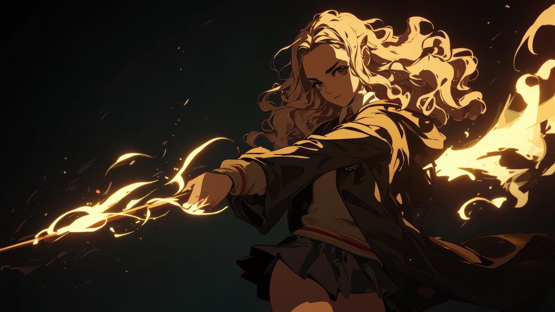 Artistic drawing of Hermione Granger on a dark background with dynamic pose and spotlight effect