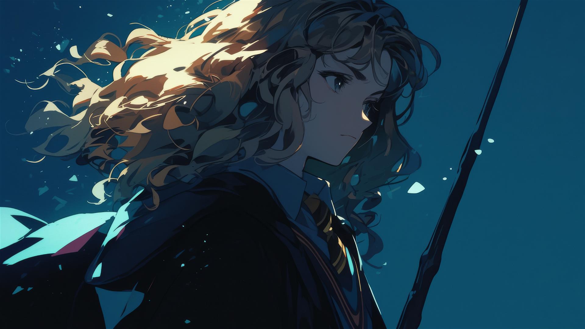 Artistic illustration of Hermione Granger with a dark background and spotlight effect