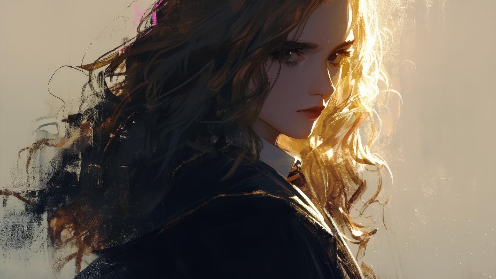Artistic illustration of Hermione Granger on dark background with spotlight effect