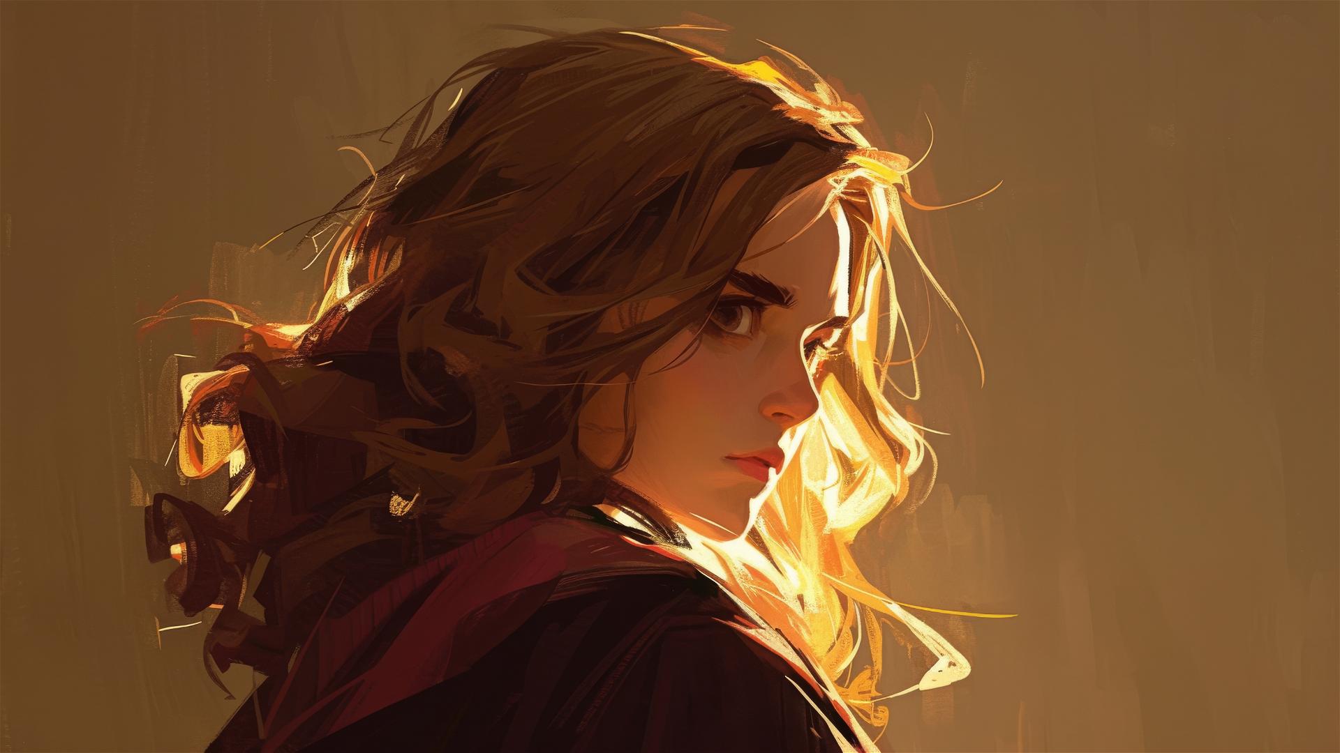 Hermione Granger illustration on dark background with spotlight
