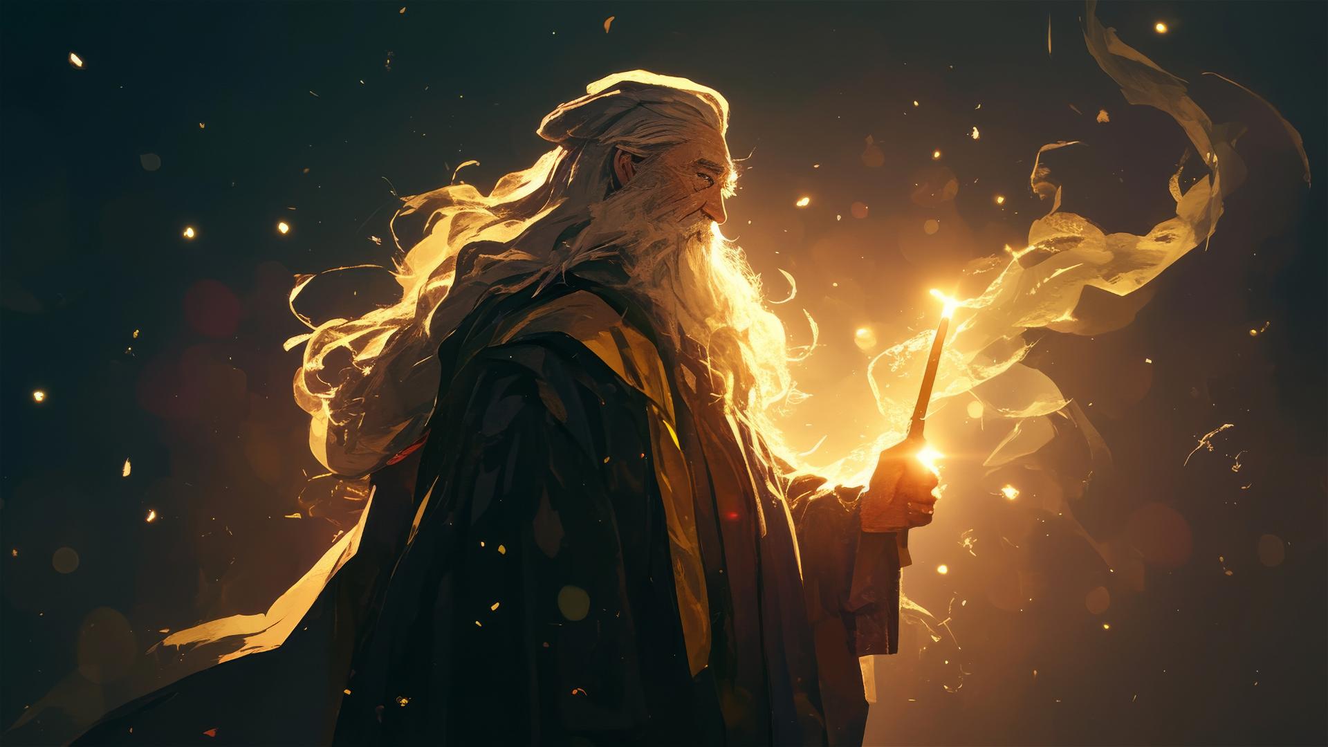 Artistic illustration of Dumbledore with a dark background