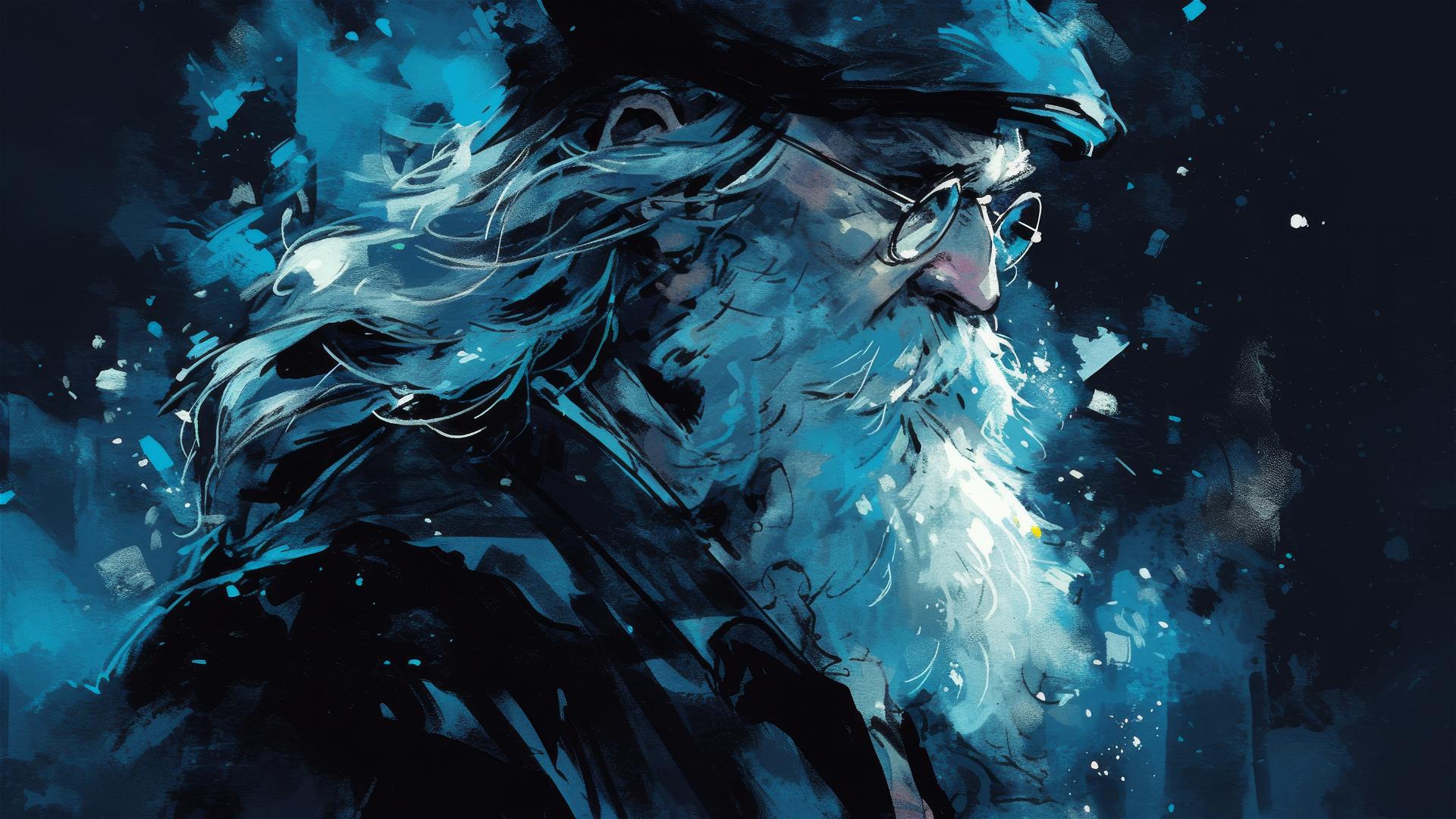 Artistic illustration of Albus Dumbledore on dark background