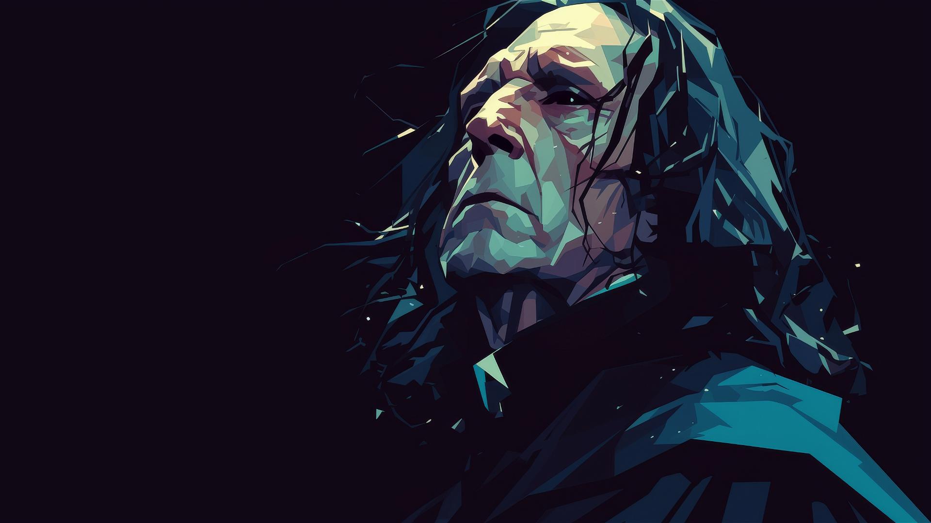 Illustration of Severus Snape with dark background and spotlight effect