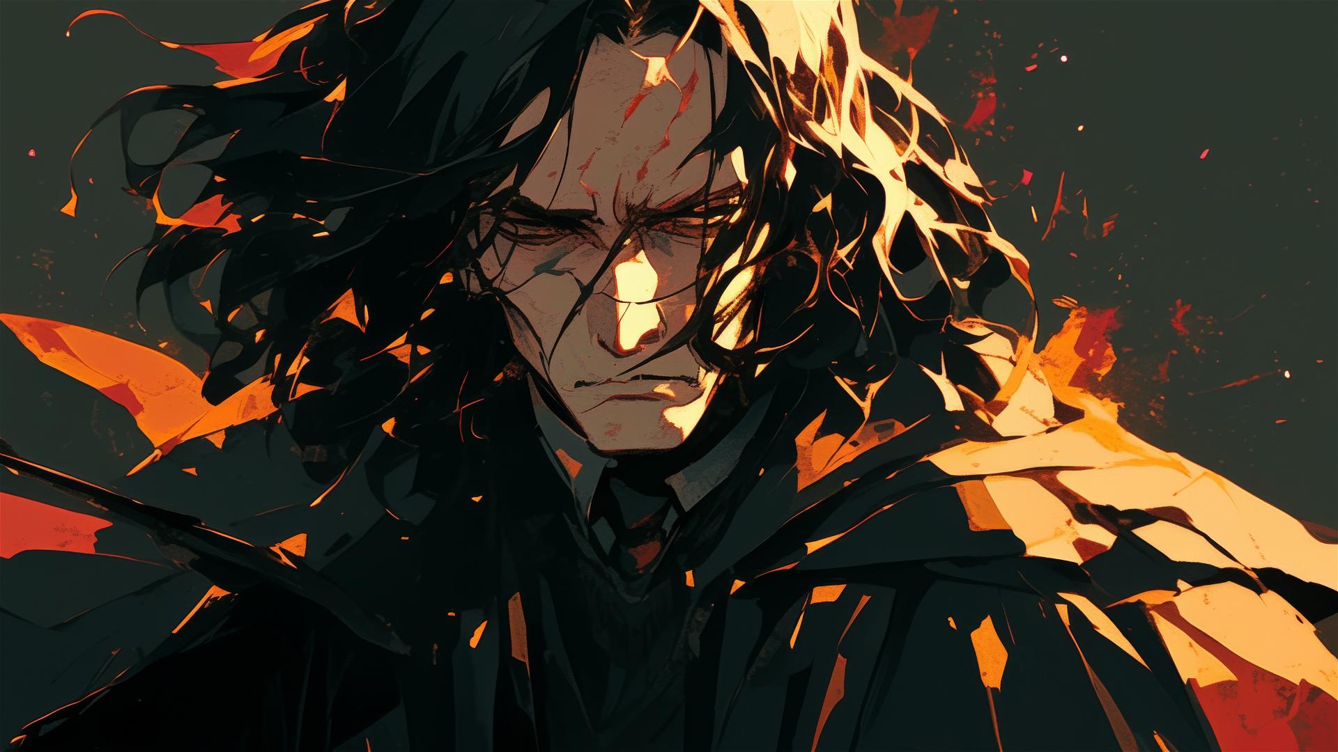 Artistic illustration of Snape with dark background and spotlight