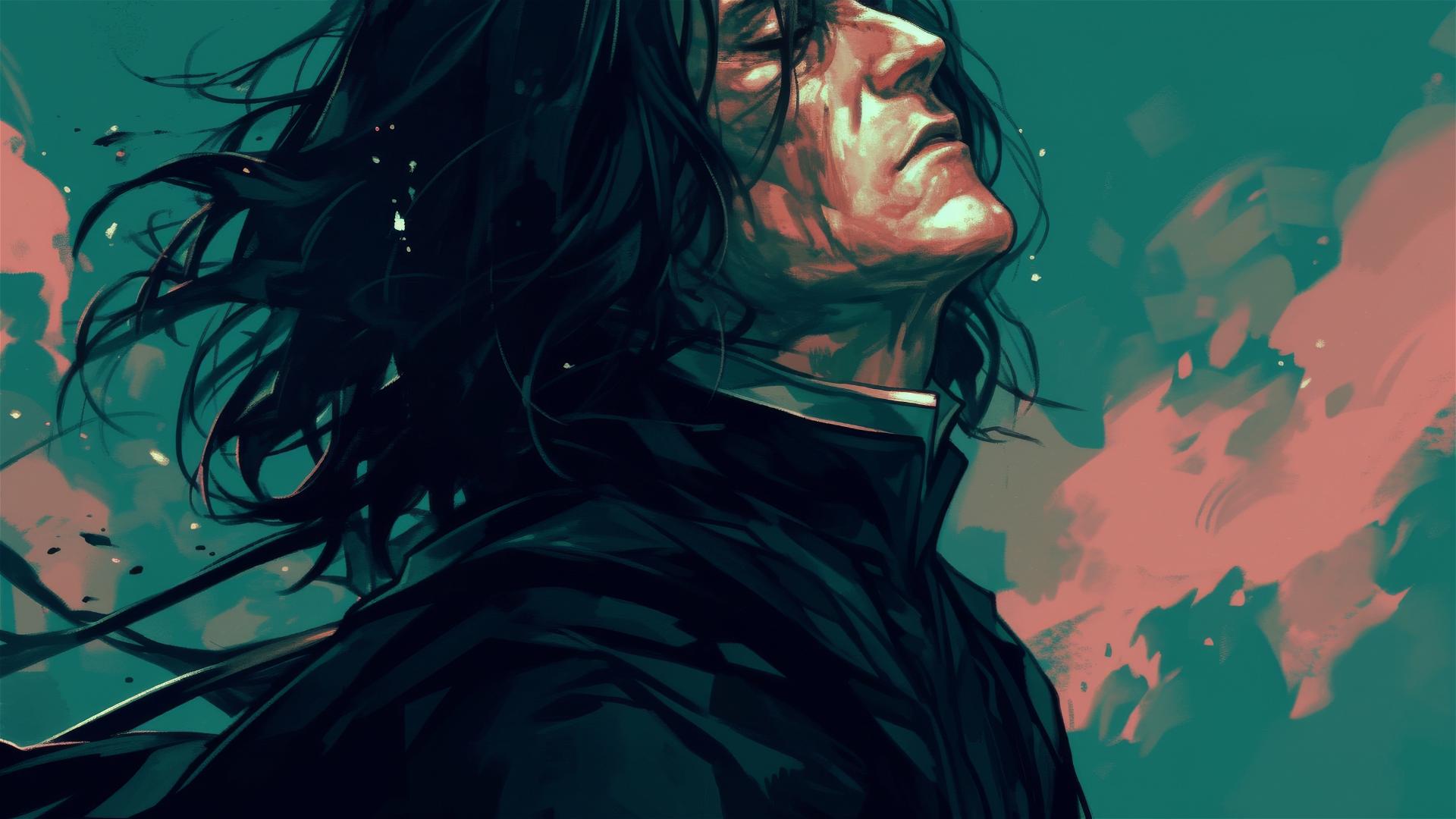 Isolated drawing of Severus Snape in spotlight on dark background
