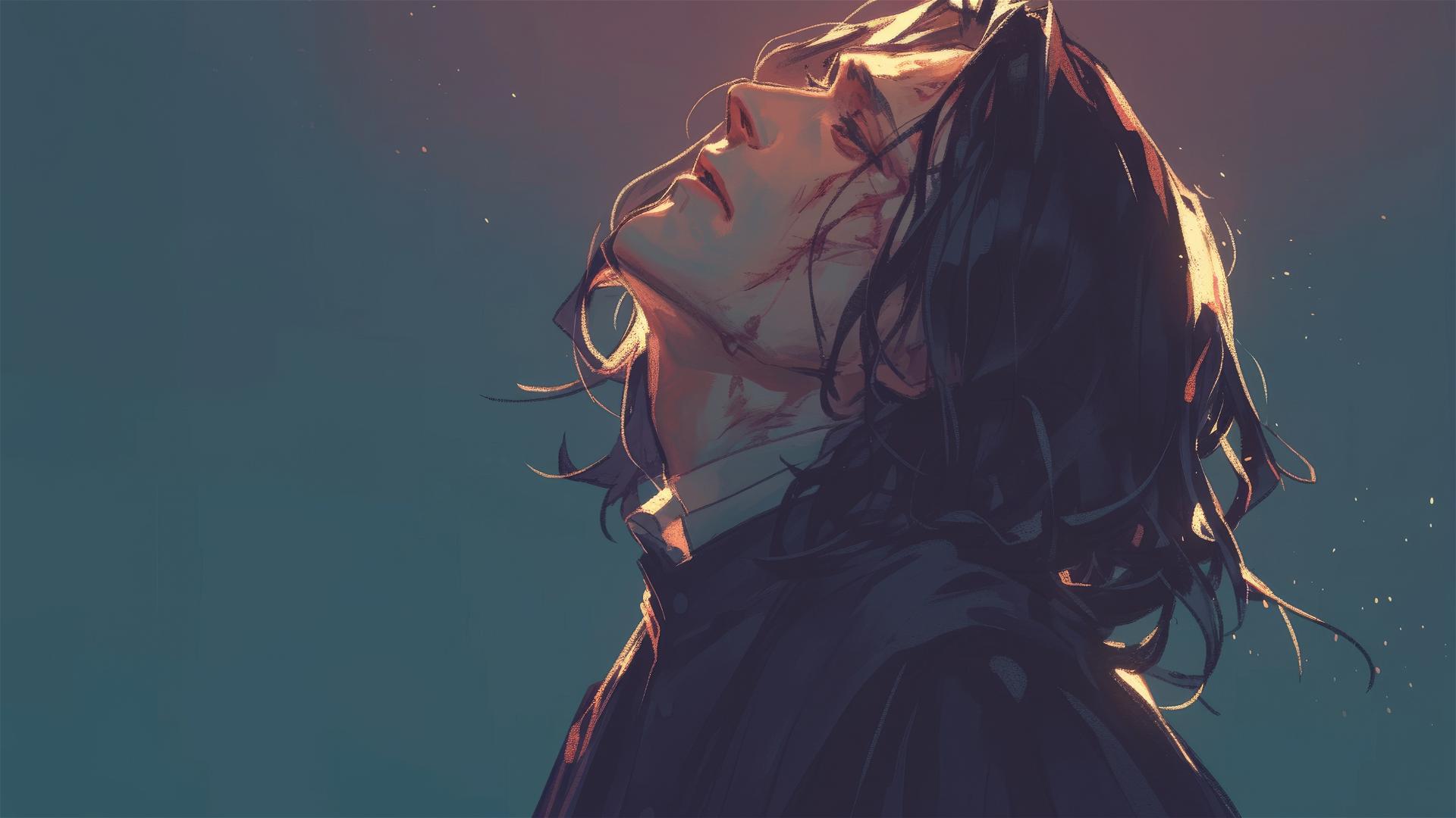 Artistic illustration of Snape with a dark background, spotlight effect.