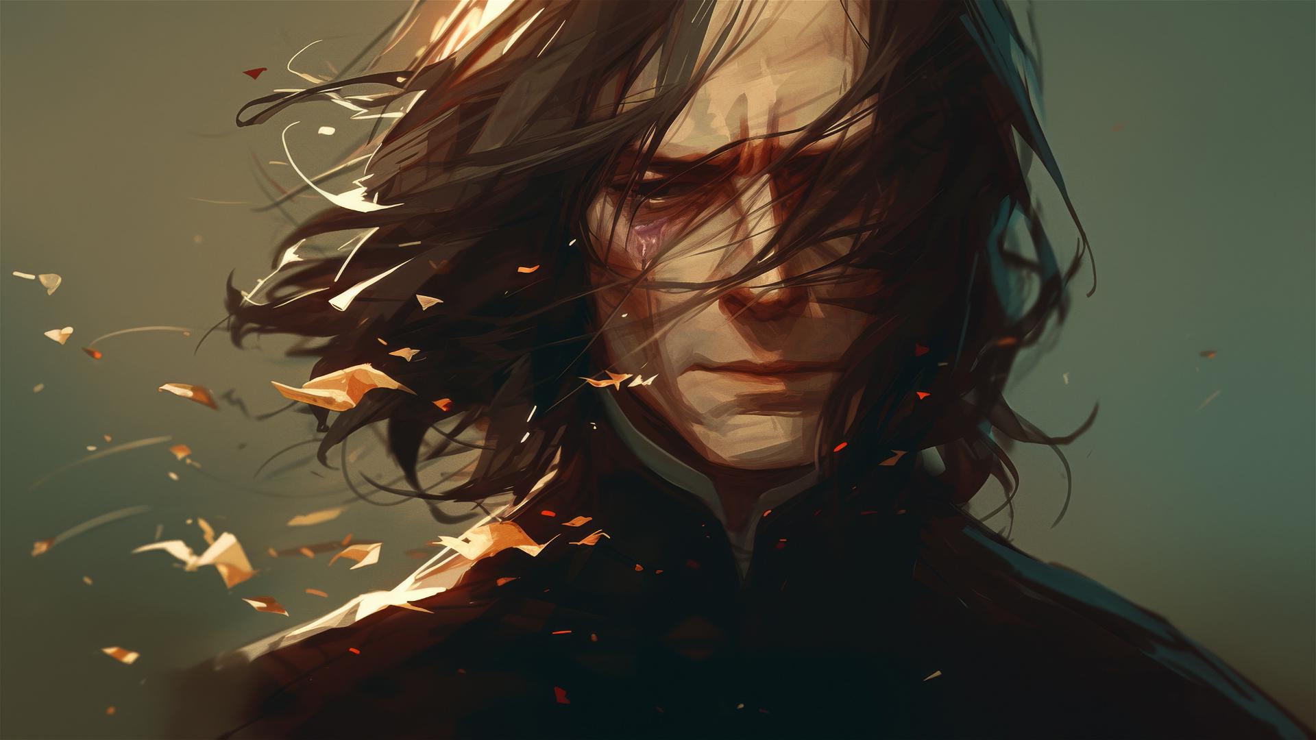 Illustration of Severus Snape, dark & moody with spotlight