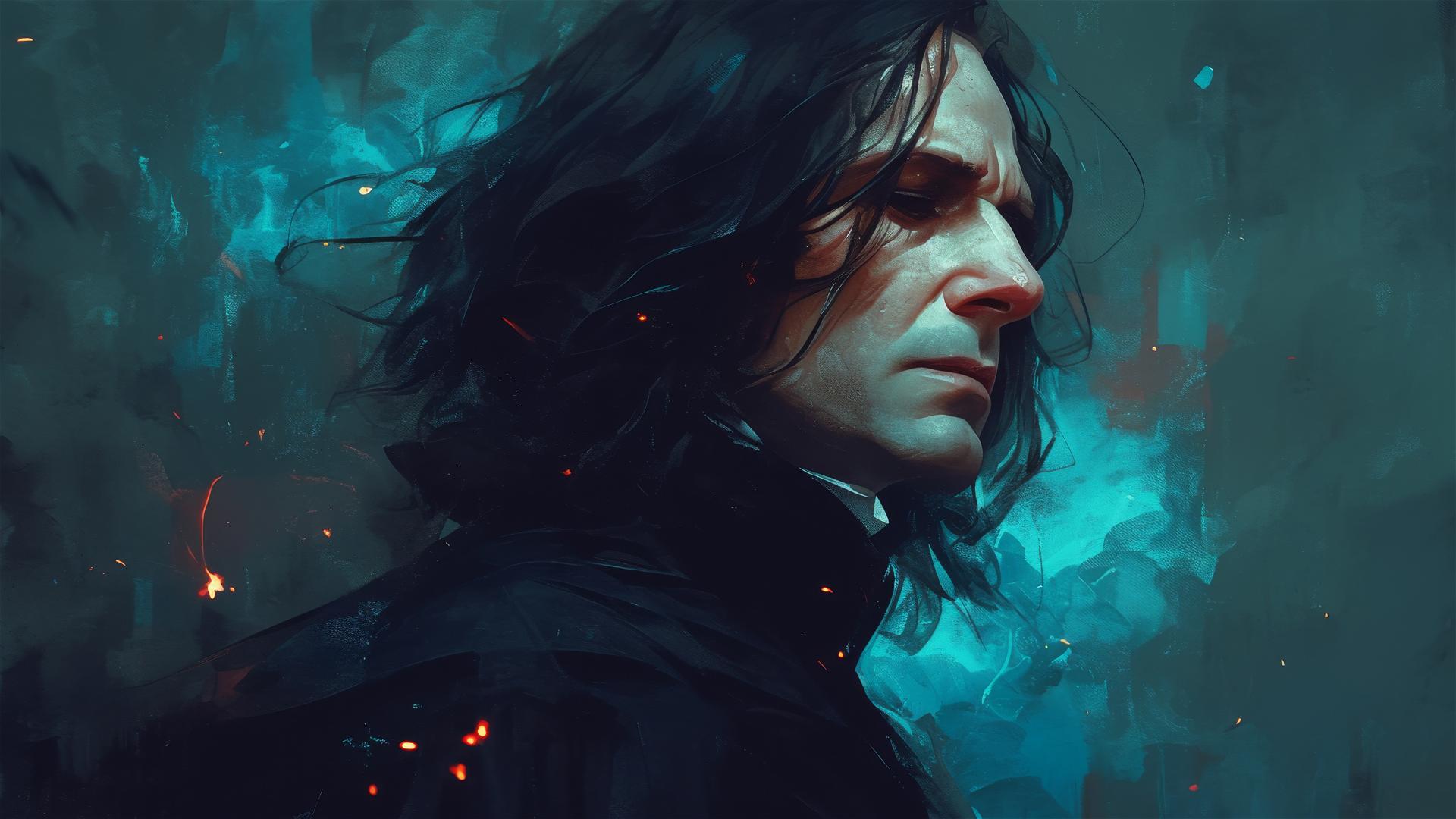 Illustration of Severus Snape, dark background with spotlight