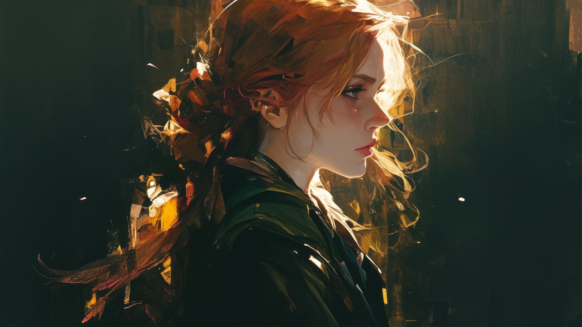 Artistic illustration of Ginny Weasley with a dark background