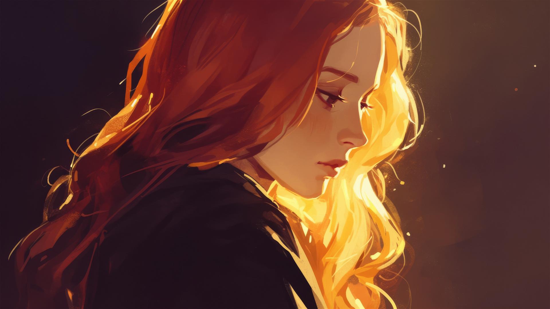 Ginny Weasley illustration on dark background with spotlight