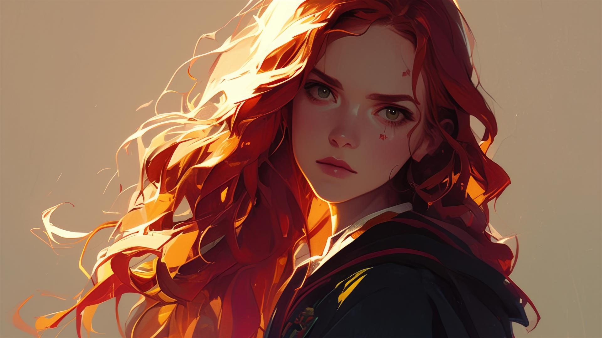Isolated Ginny Weasley drawing on dark background with spotlight