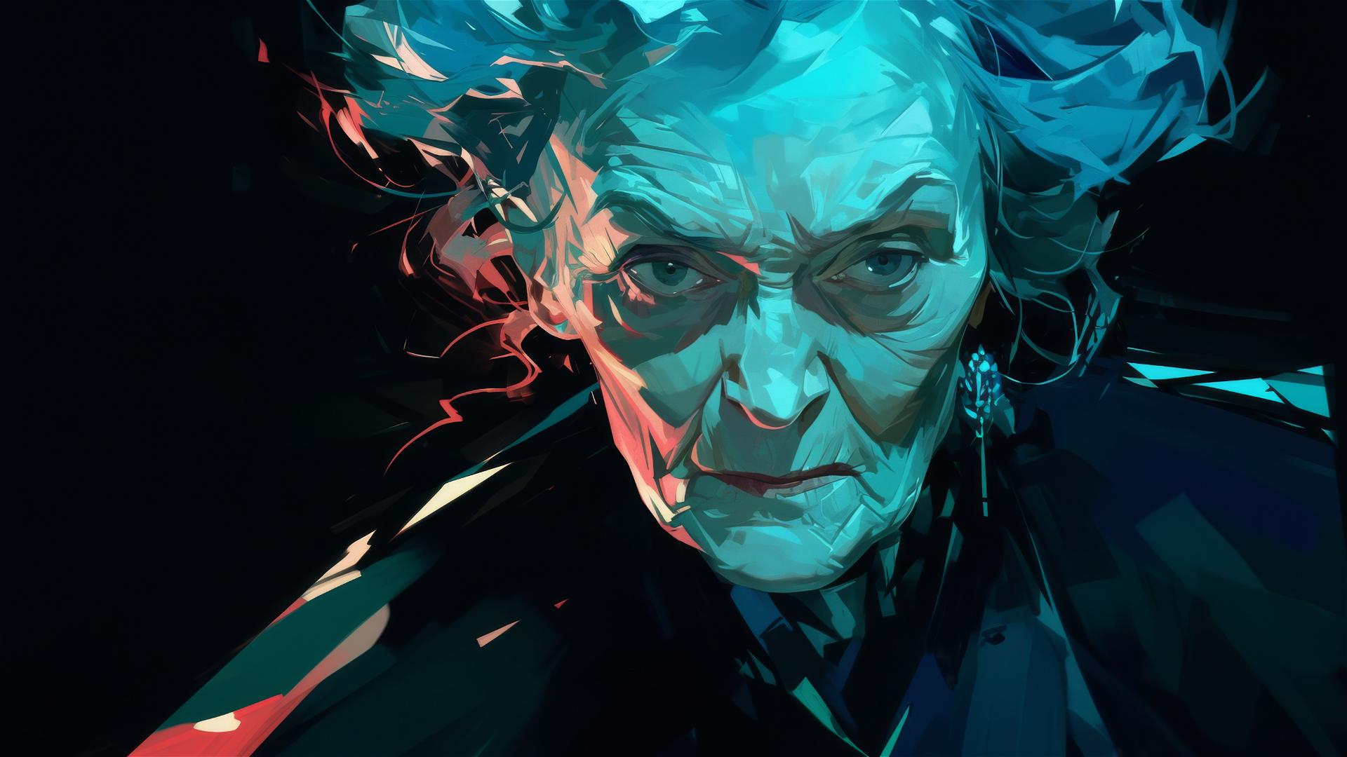 Illustration of Professor McGonagall with a spotlight on a dark background
