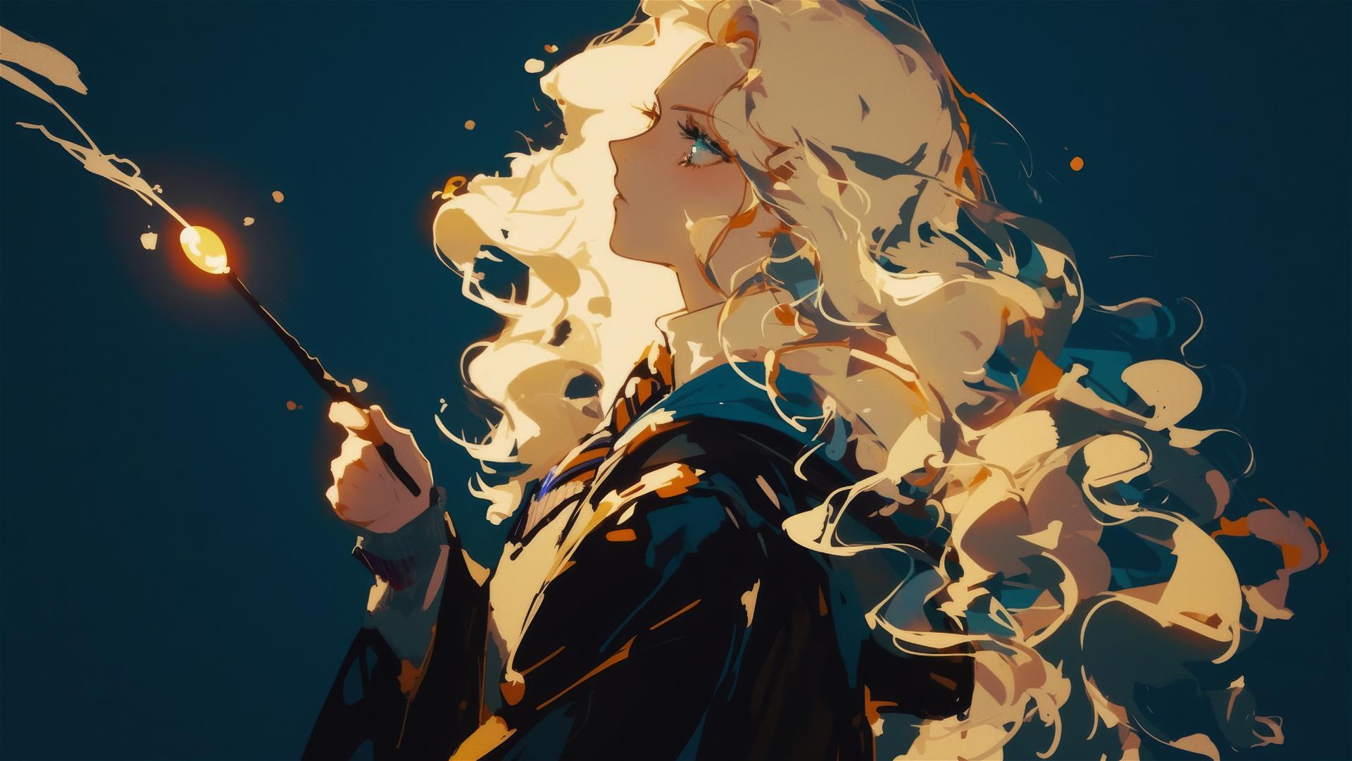 Luna Lovegood illustration on dark background with spotlight