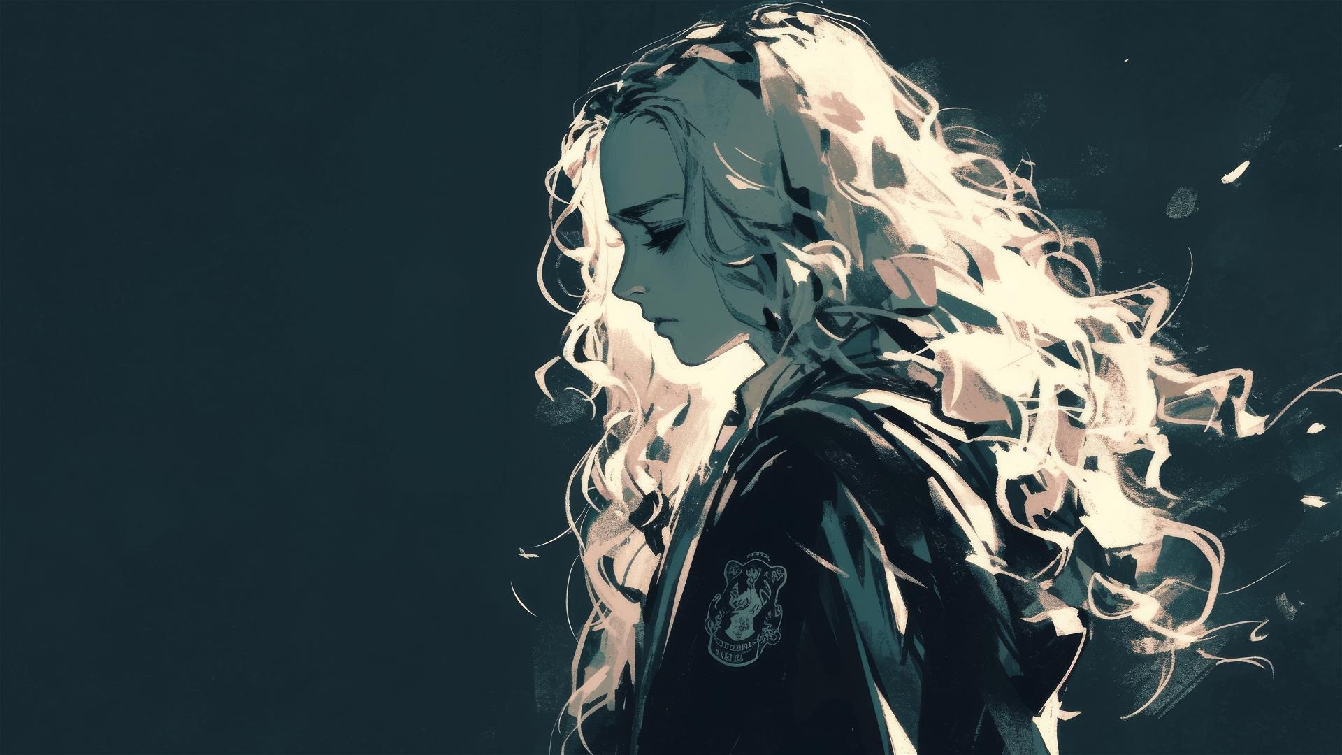 Luna Lovegood illustration on dark background with spotlight