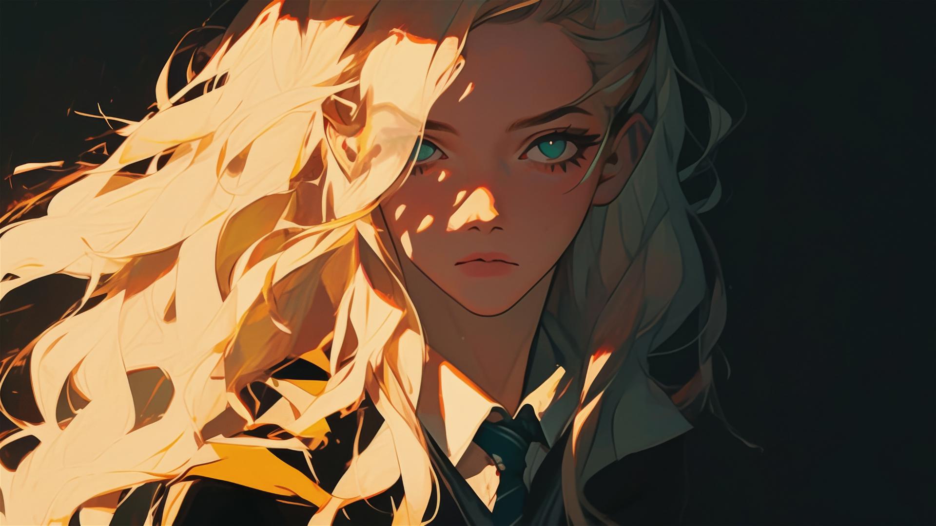Illustration of Luna Lovegood on dark background with spotlight effect