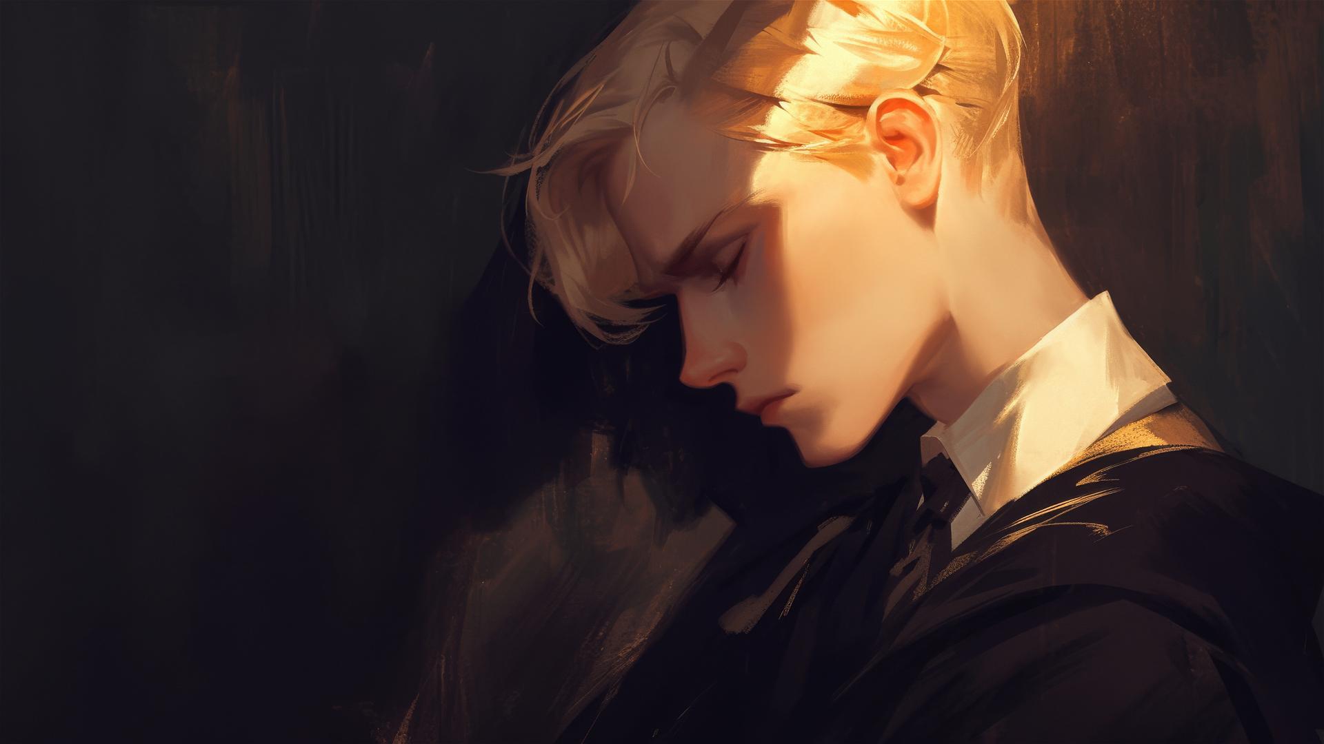 Illustration of Draco Malfoy with golden hair on a dark background with a spotlight effect
