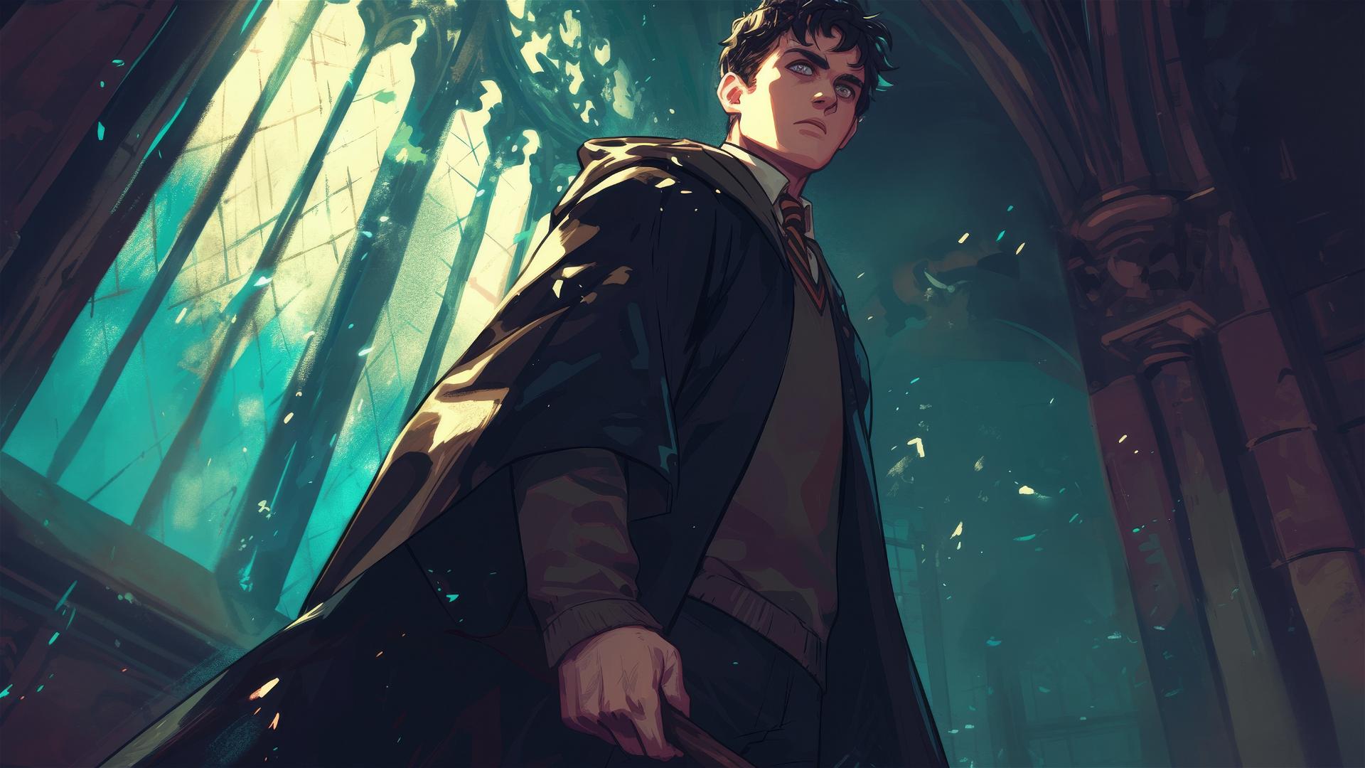 Illustration of Neville Longbottom with a dark background and spotlight effect