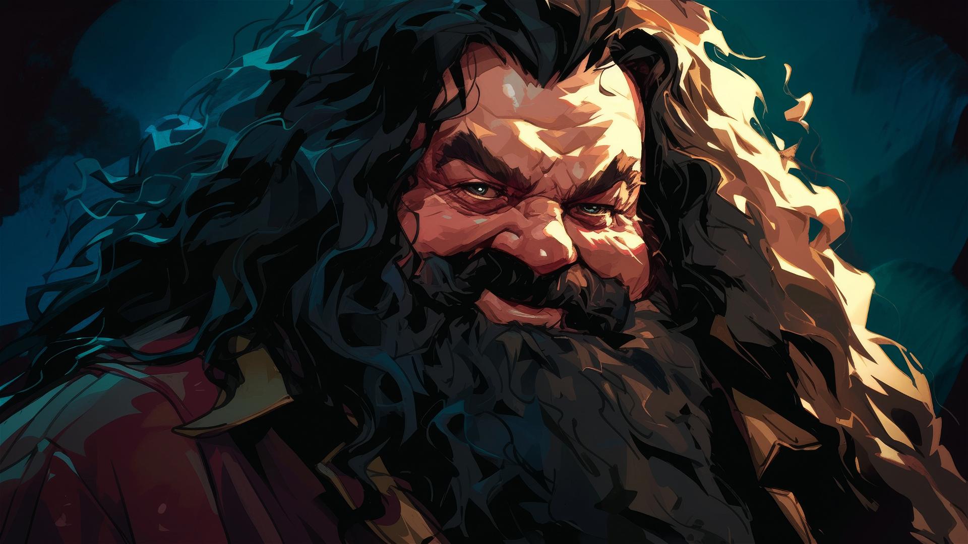 Artistic illustration of Hagrid on dark background with spotlight effect