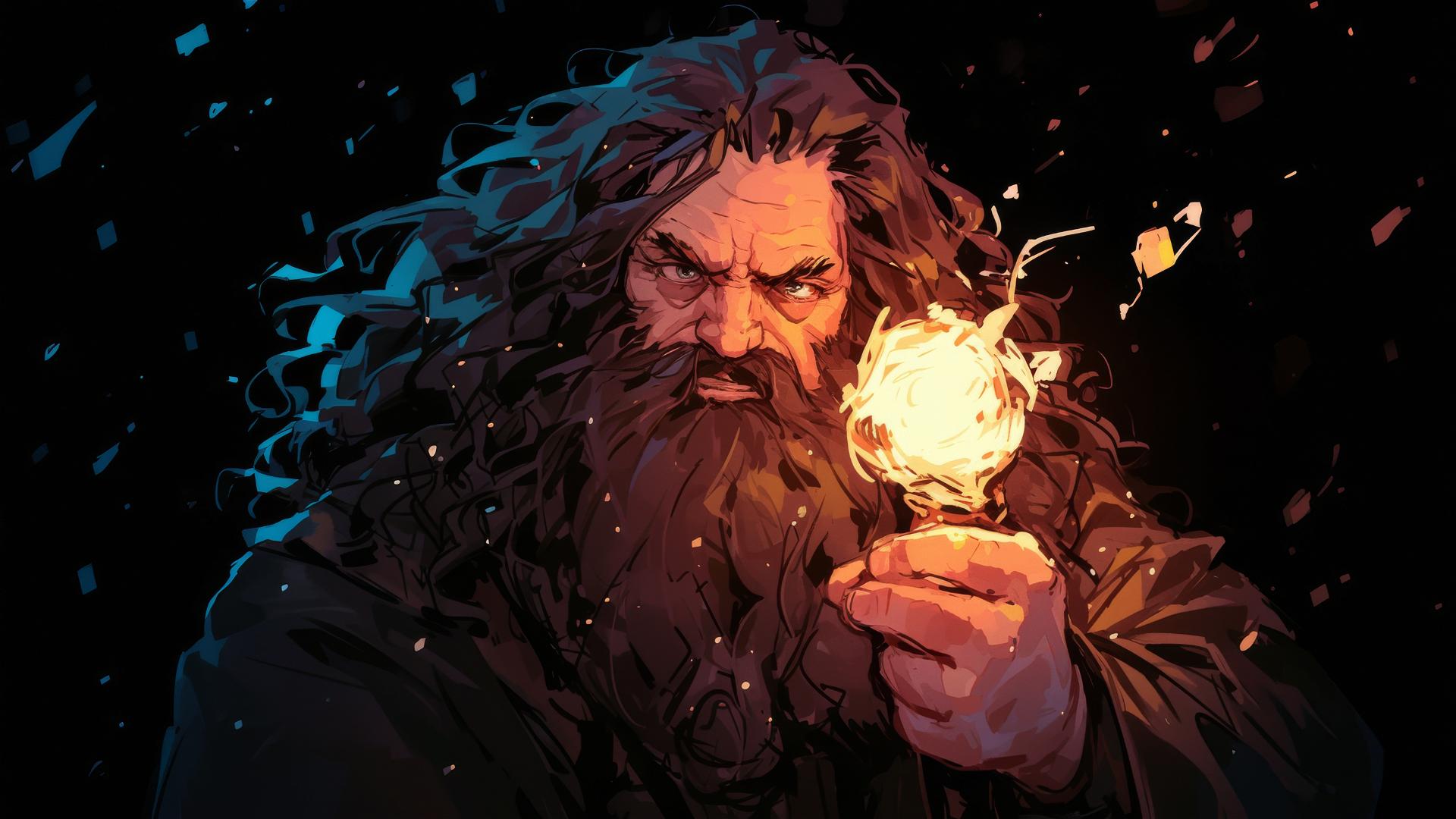 Isolated drawing of Hagrid in spotlight on dark background