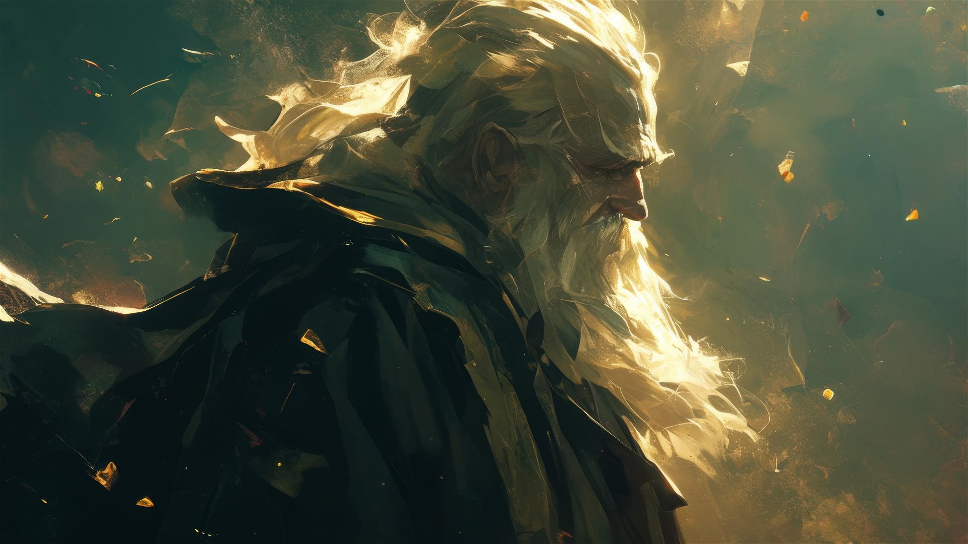 Illustration of Professor Dumbledore with spotlight on dark background