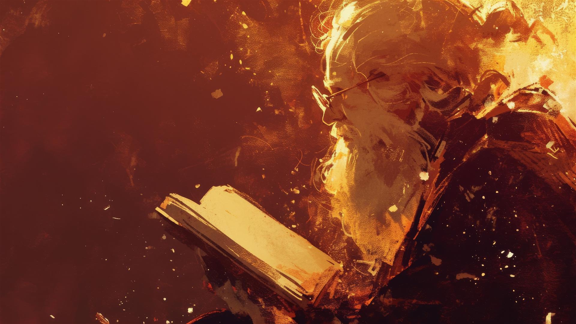 Illustration of Dumbledore from Harry Potter with dark background and spotlight effect.
