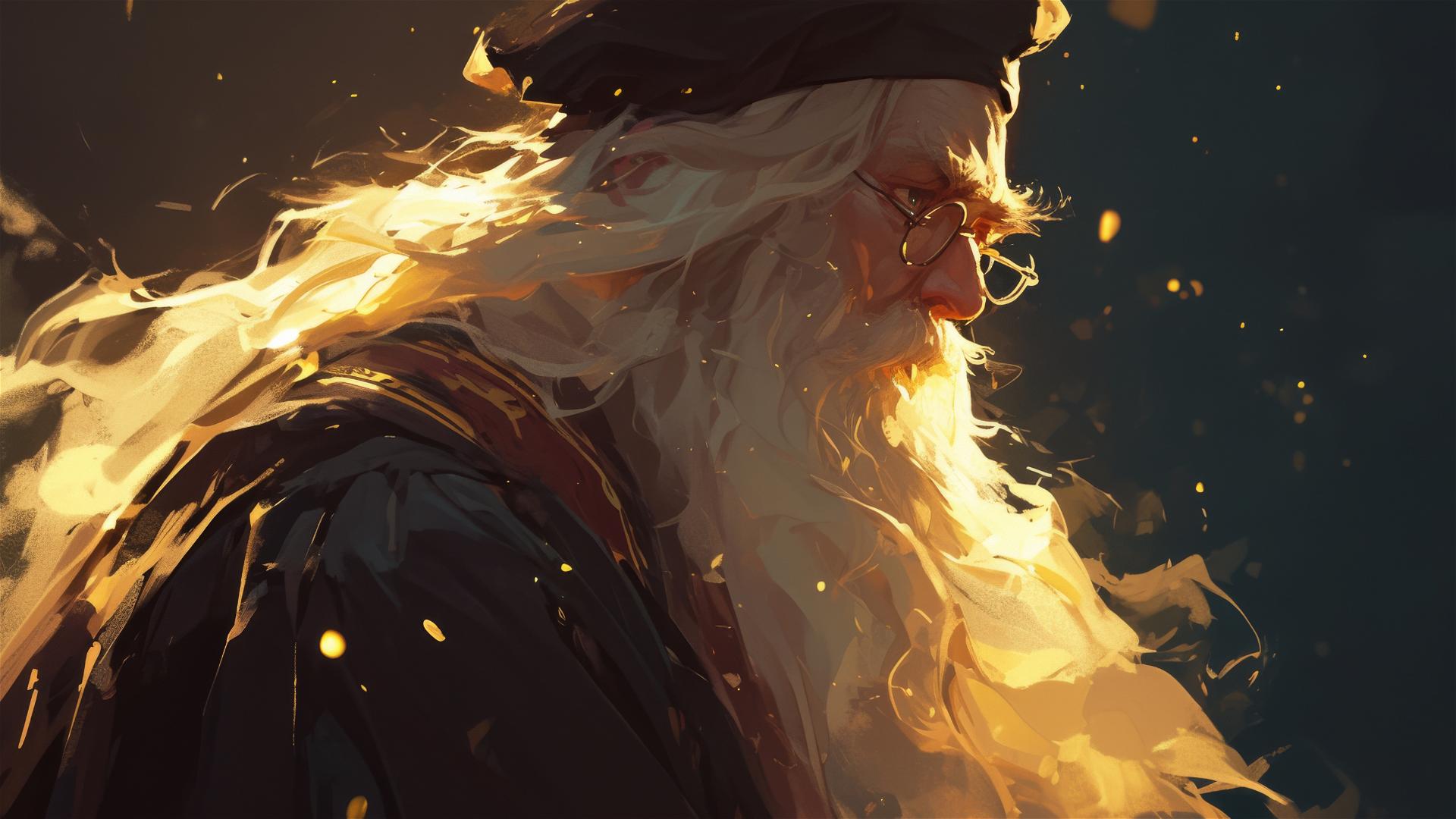 Illustration of Professor Dumbledore with spotlight on dark background