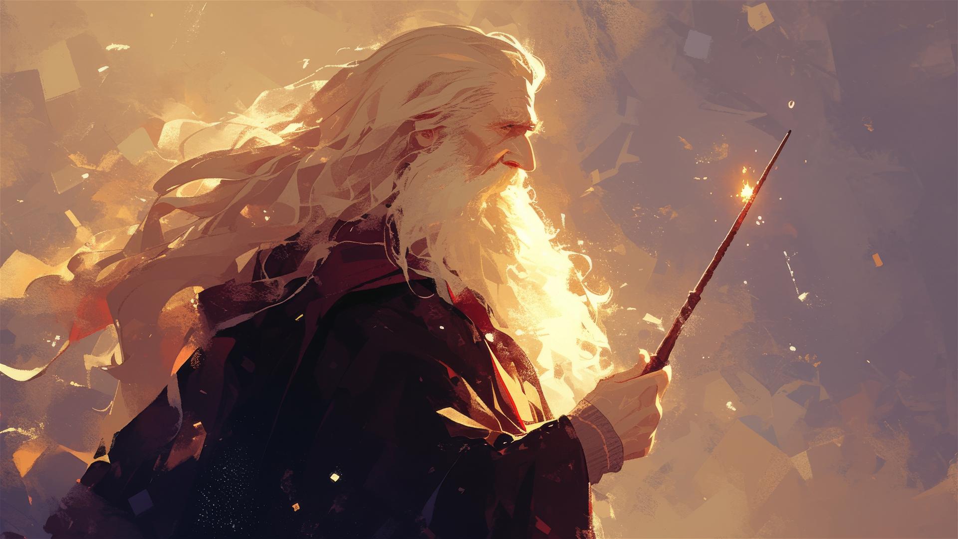 Illustration of Professor Dumbledore from Harry Potter under a spotlight