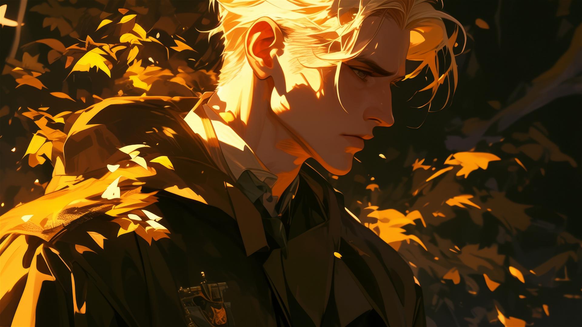 Illustration of Draco Malfoy with golden hair on a dark background with spotlight.