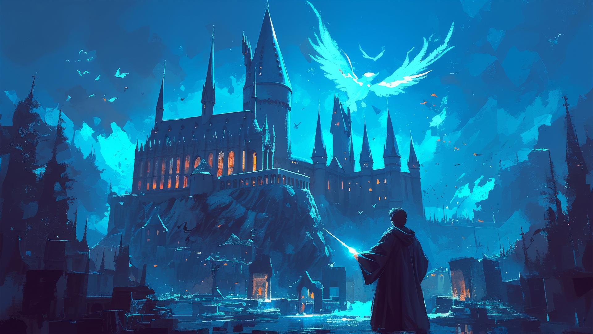 Illustration of Hogwarts with dark background and spotlight