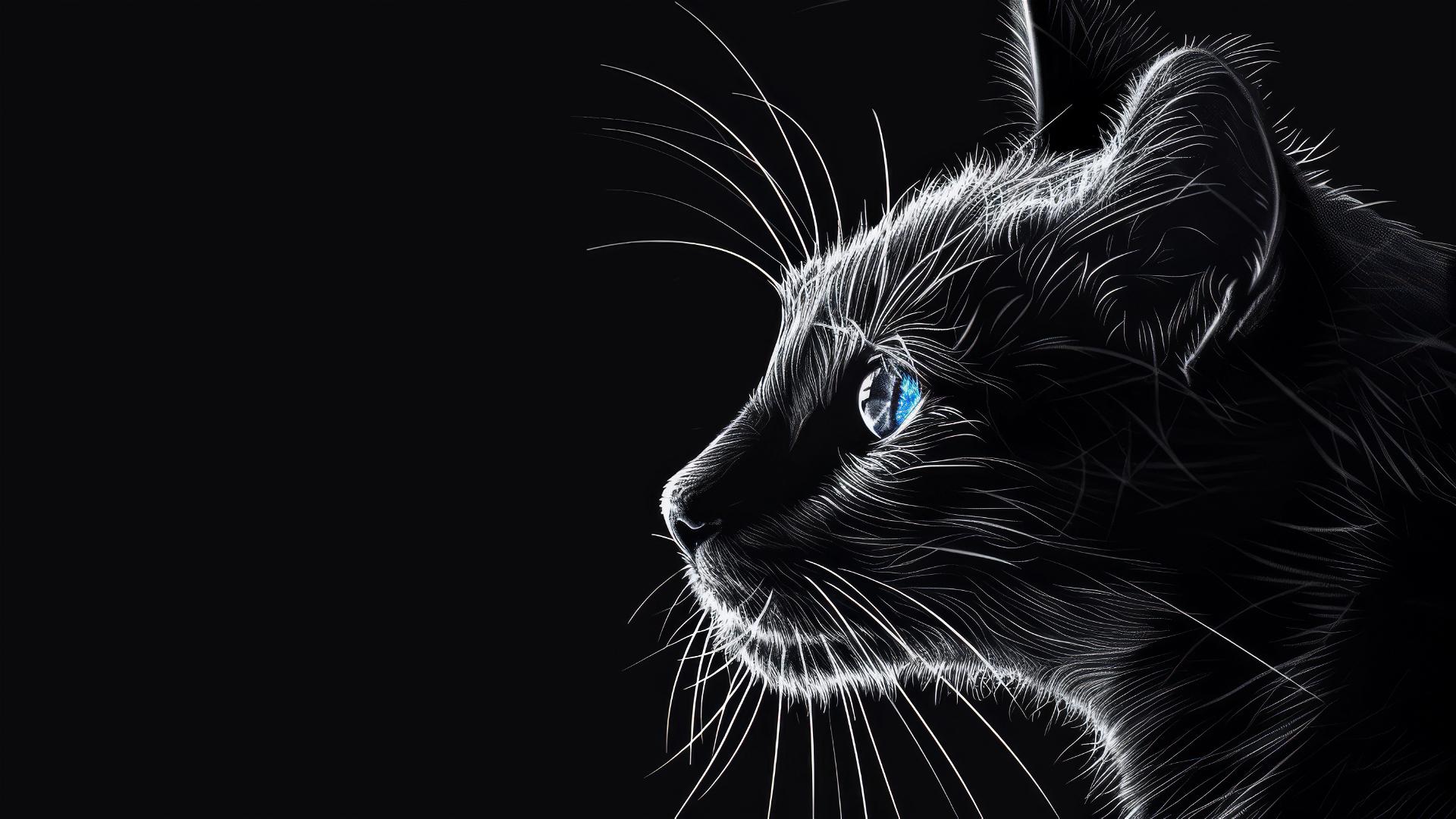 Elegant cat profile in white lines with blue-eyed highlight on black