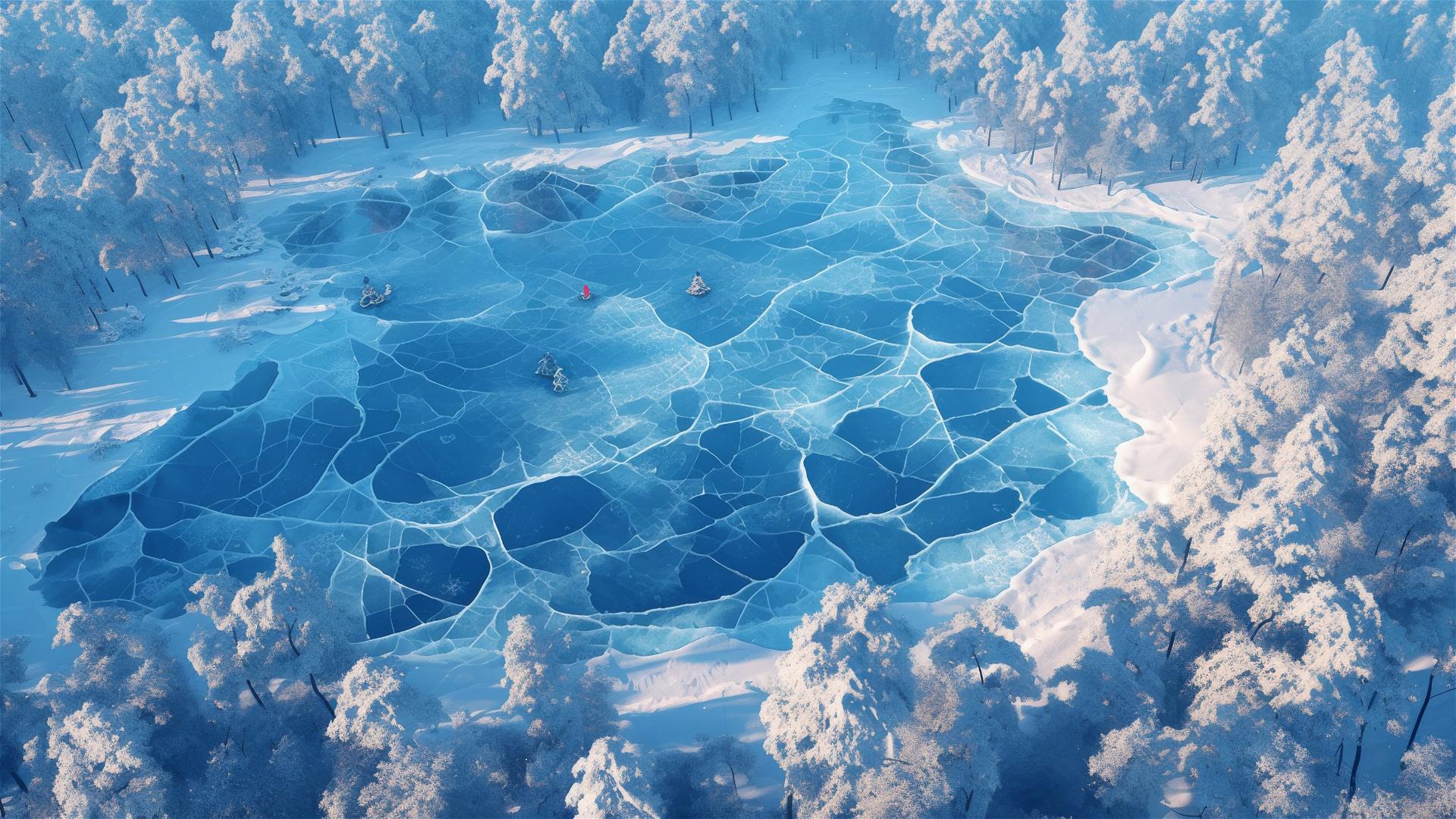 Intricate ice patterns on a frozen lake surrounded by snow-dusted pines