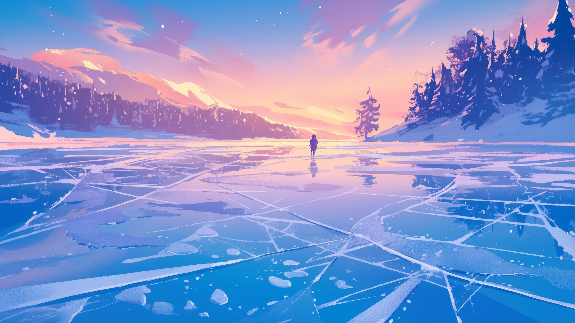 Frozen lake with intricate ice patterns and snow-dusted pines