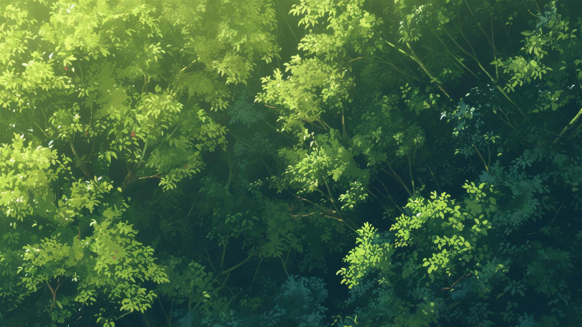 Aerial view of dense rainforest canopy with sunbeams