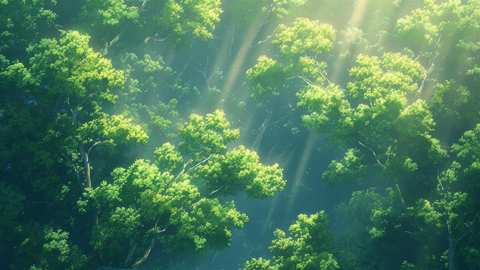 Aerial view of rainforest canopy with sunlight piercing through leaves