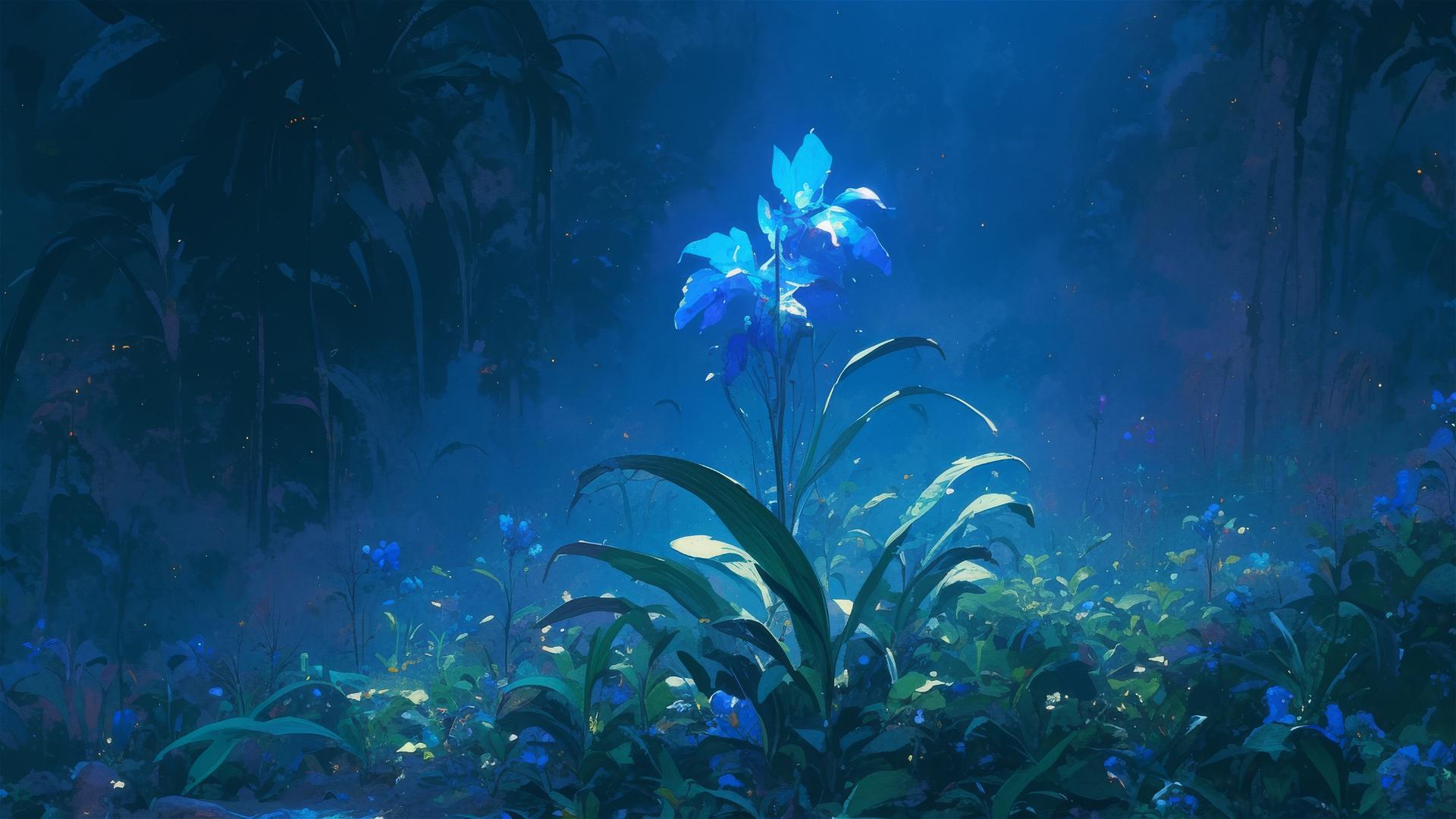 Luminescent flowers blooming at night on a remote island
