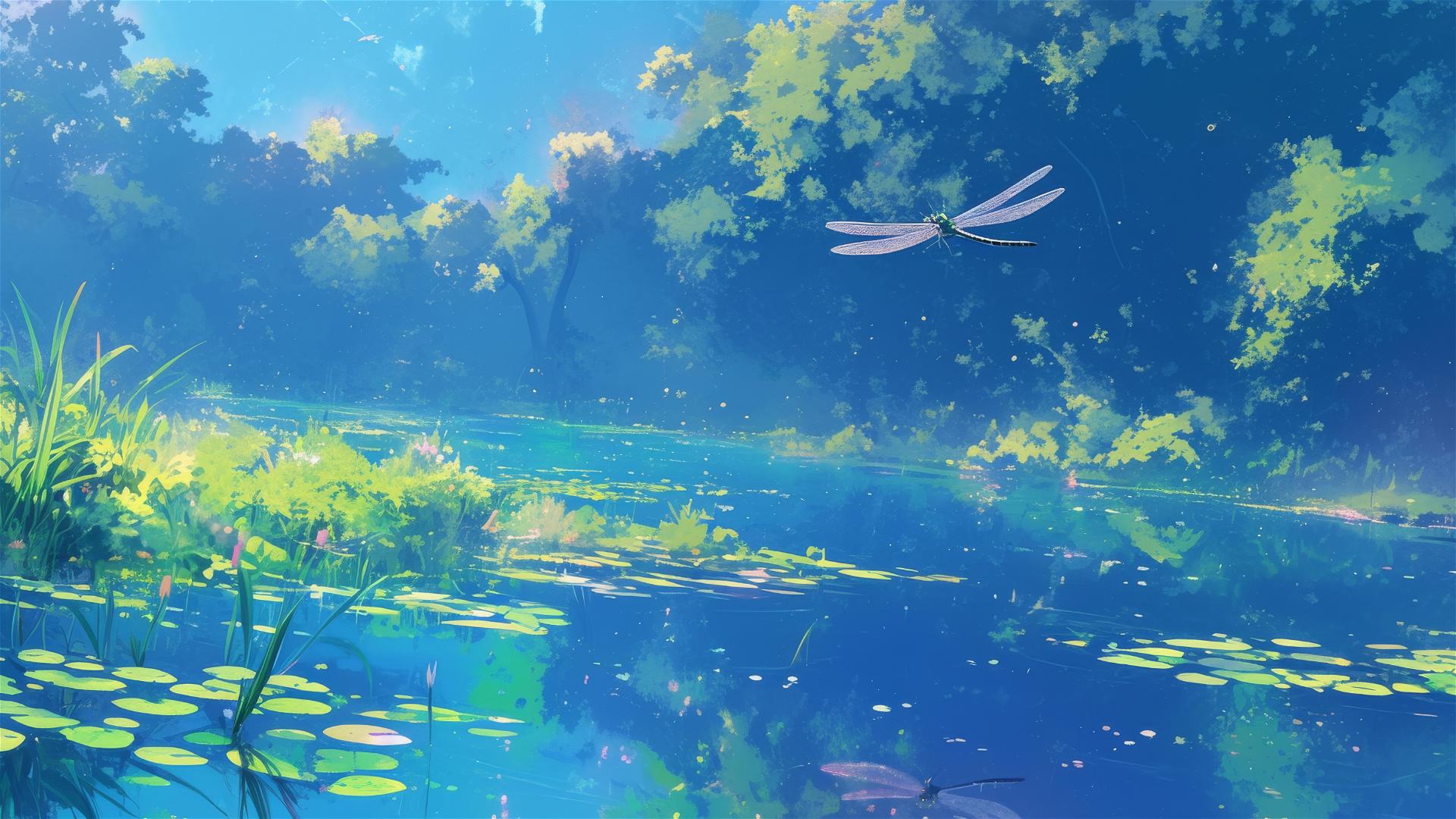 Dragonflies by a crystal-clear lake scattering light prismatically