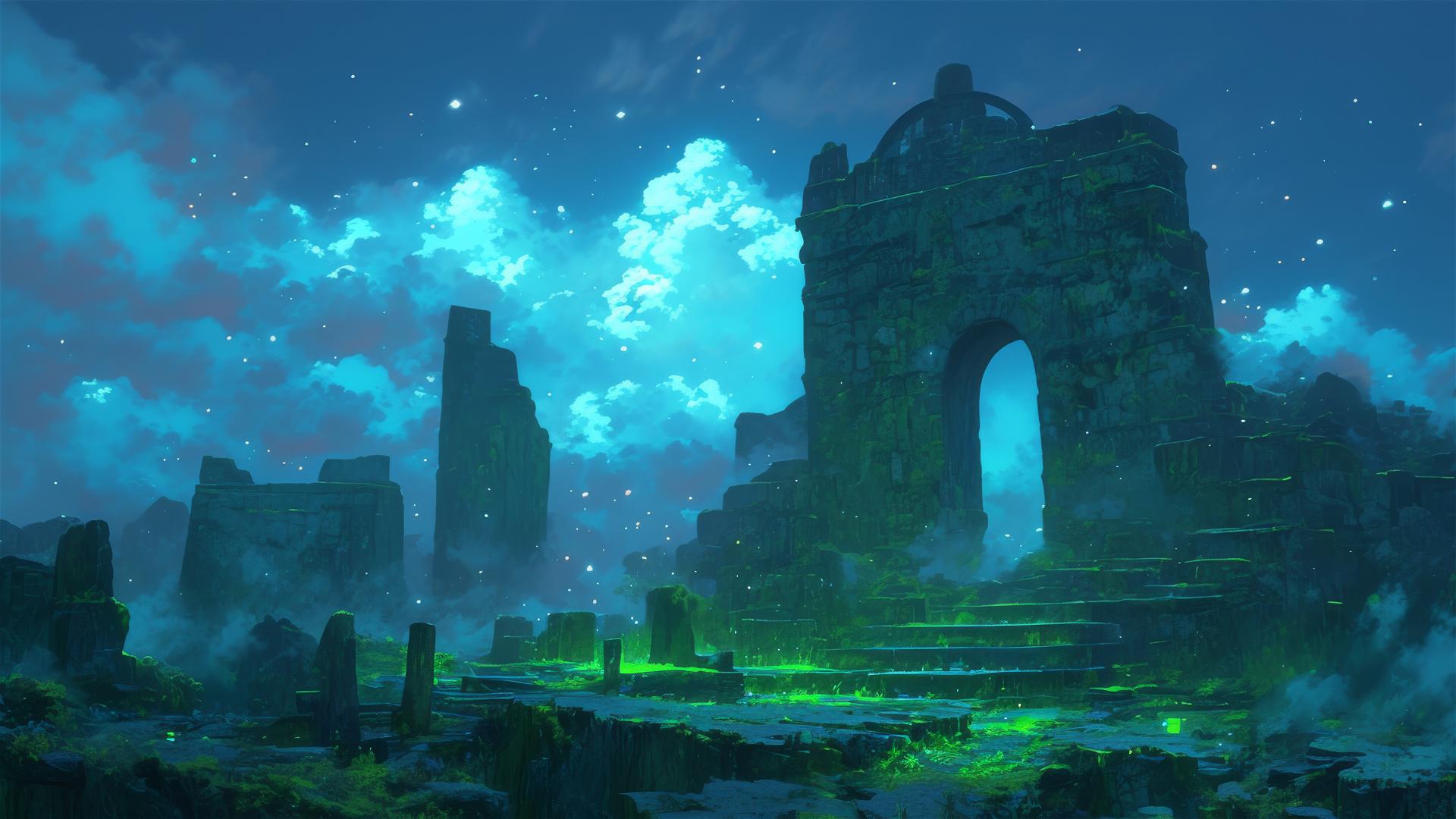 Ancient, moss-covered ruins glowing at dusk with luminous script
