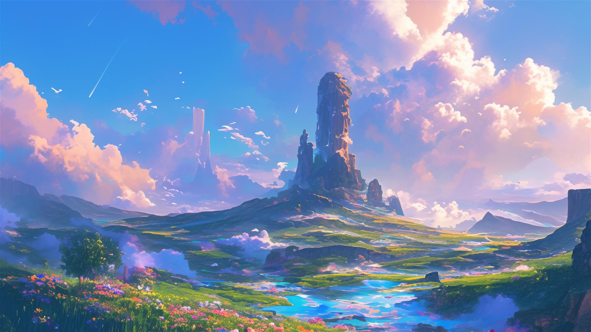 Multi-colored steam clouds over an enchanted geyser field