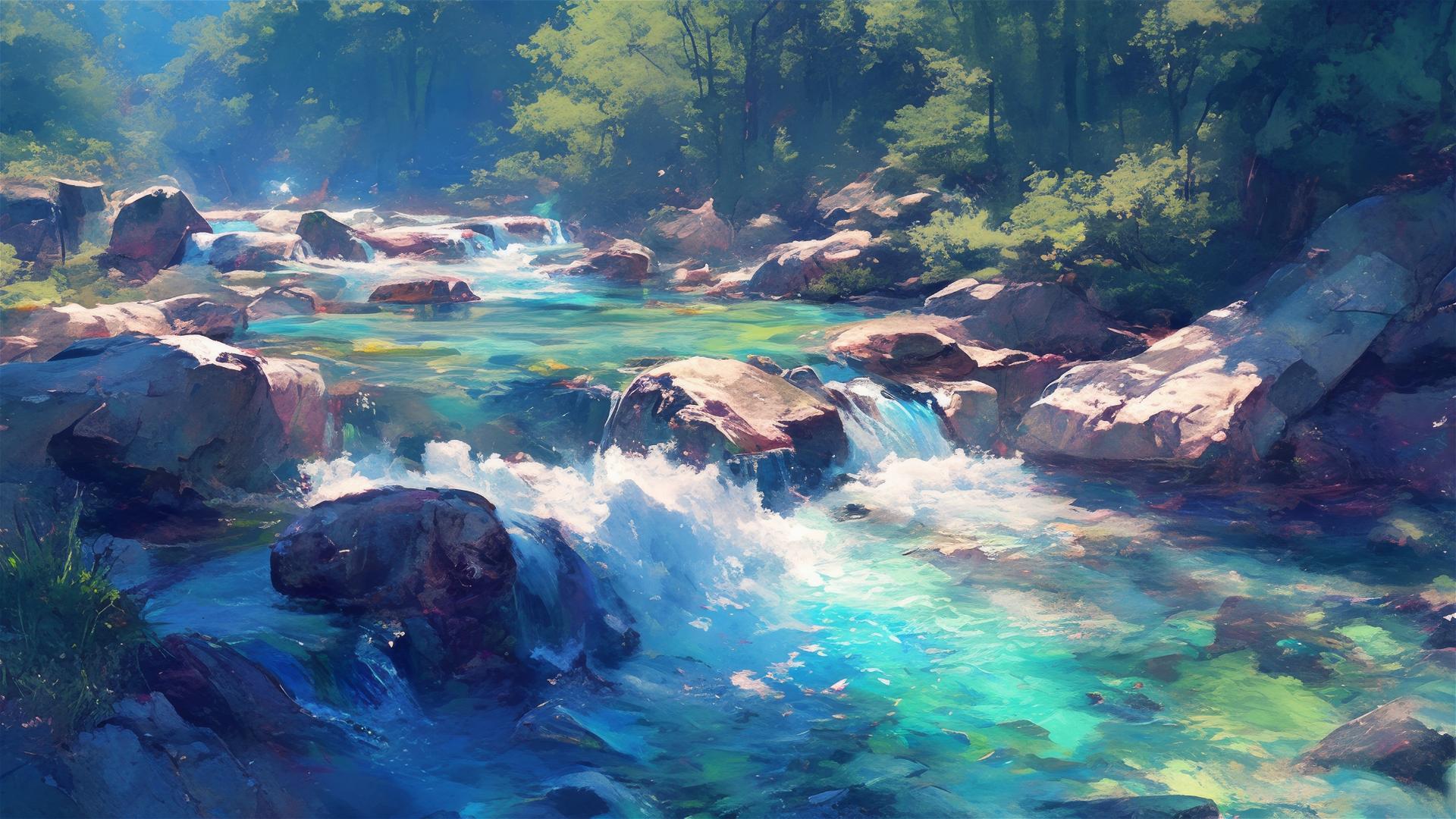 Crystalline riverbed with shimmering, transparent water currents over mineral-rich stones