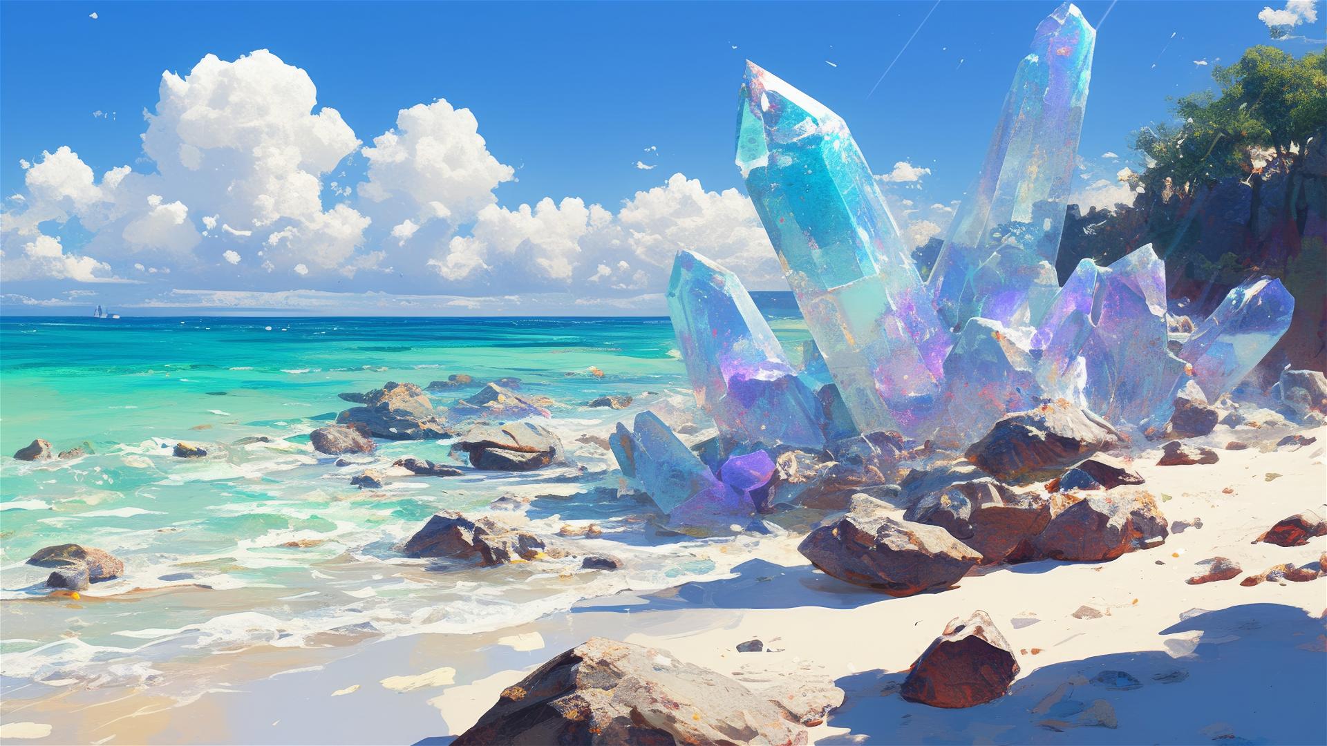 Aesthetic quartz crystal beach sparkling under sunlight