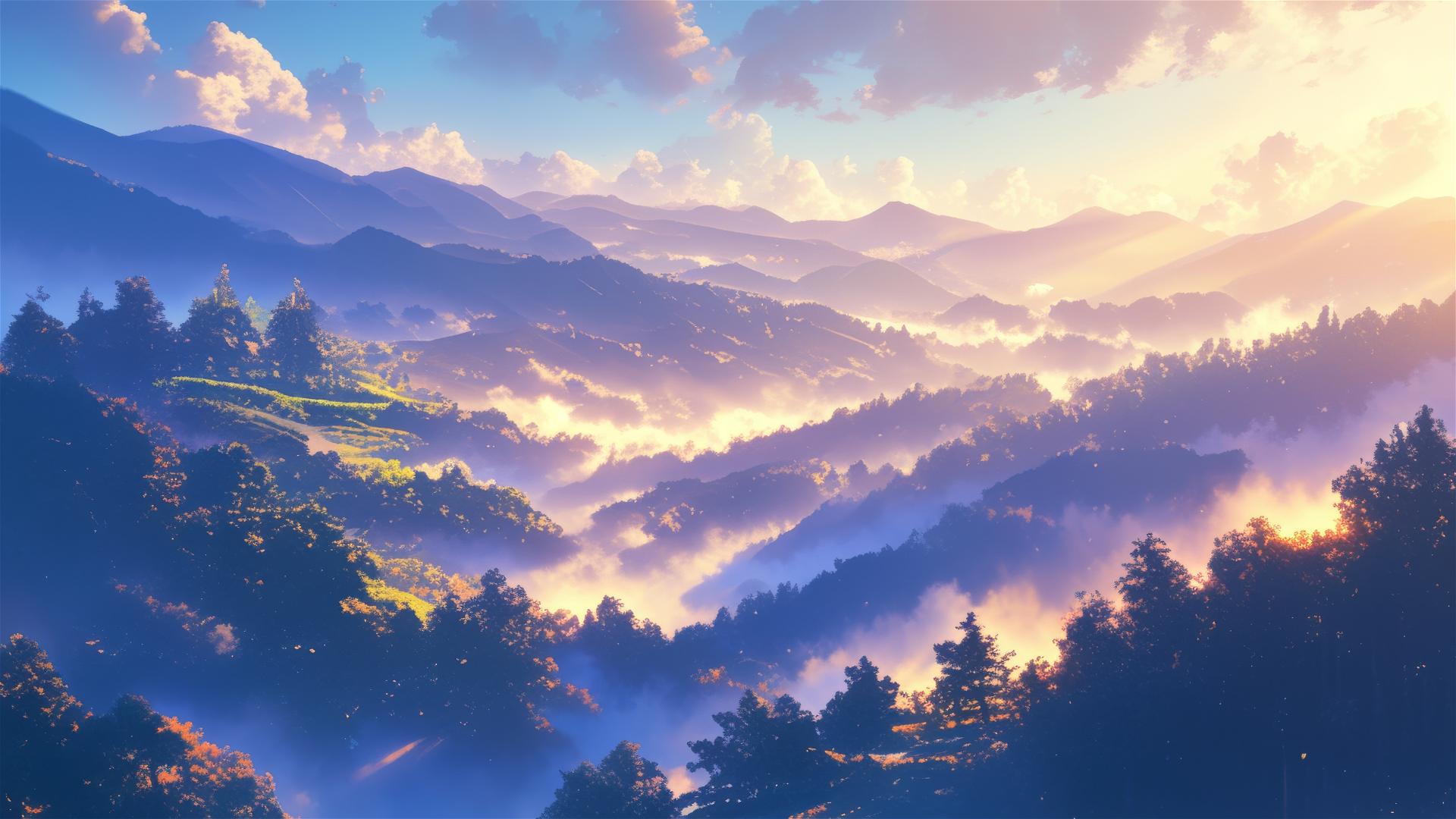 Opalescent mist in valley with light refractions and soft hues