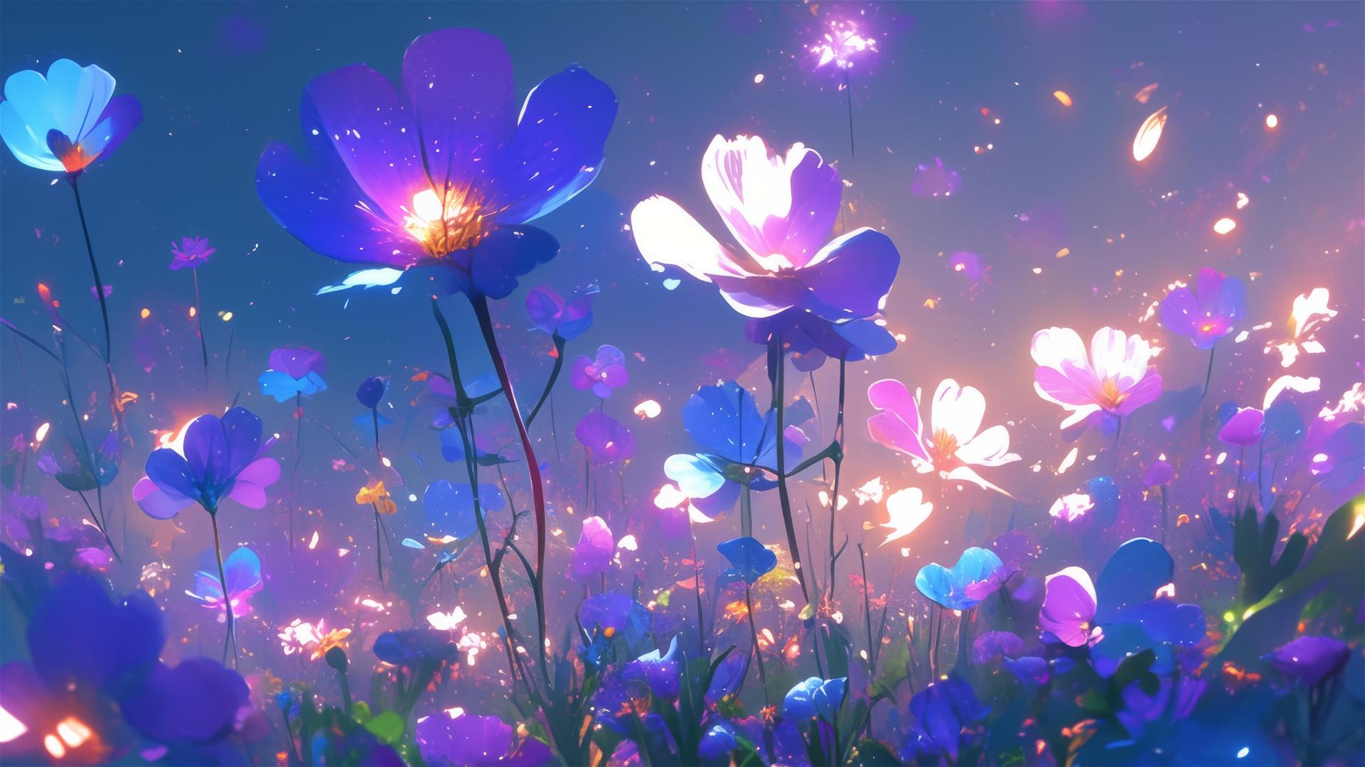 Floral galaxy with glowing star-like flowers at night
