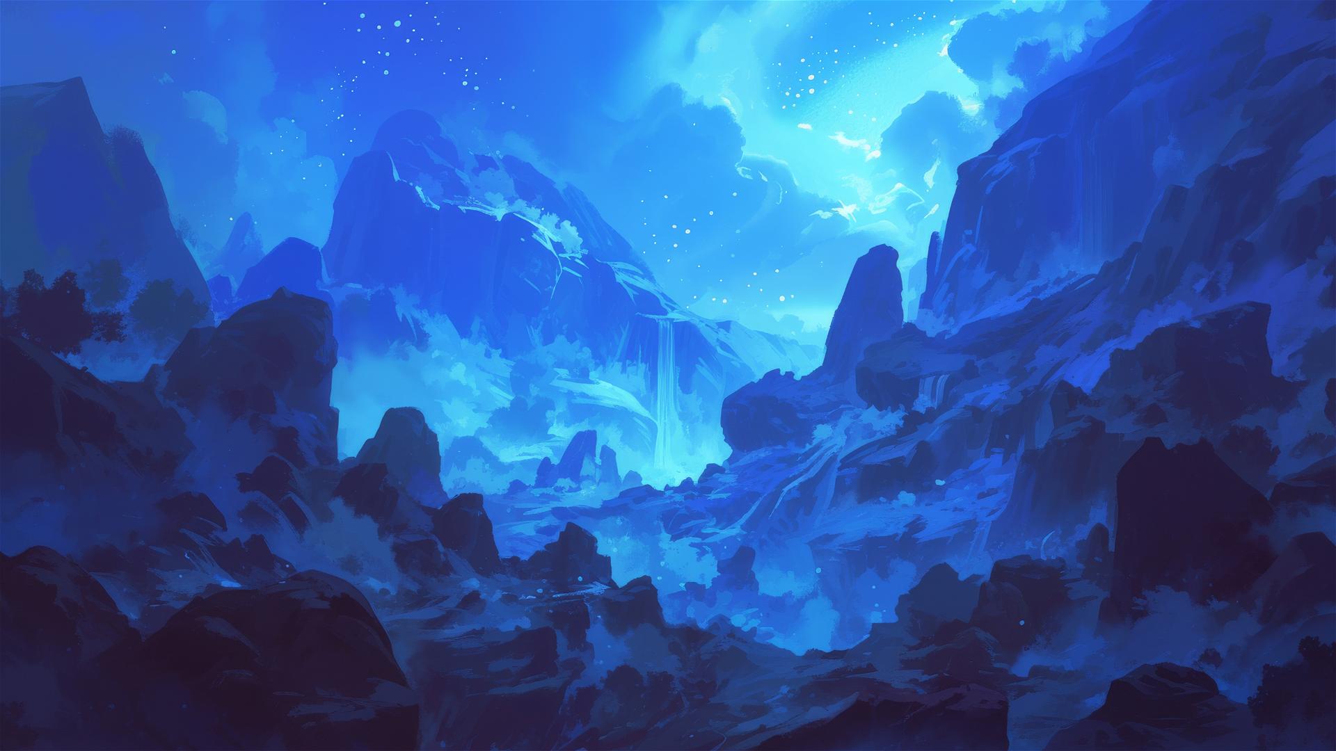 Moonlit misty canyon with shadowy figures of wildlife