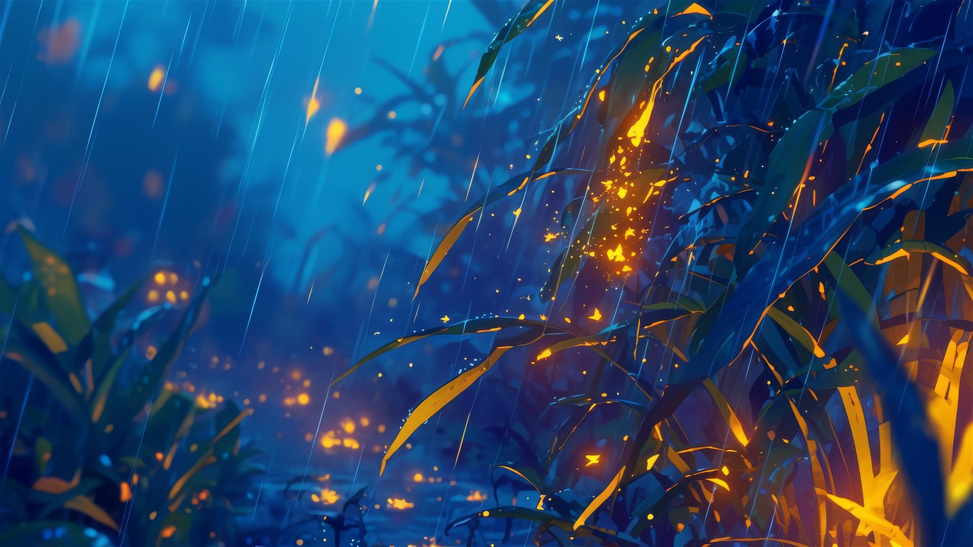 Illuminated rain with fireflies creating holographic light at night
