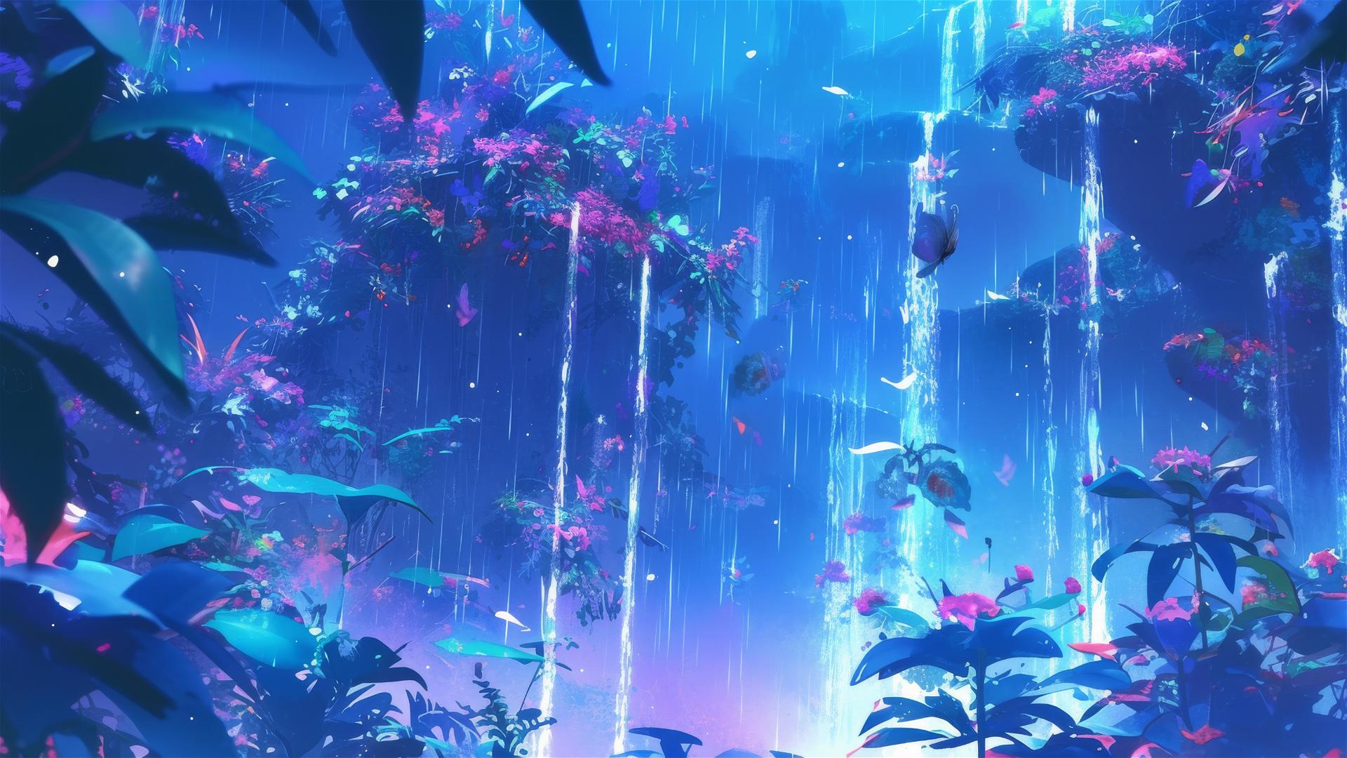 Holographic rain with flower-filled droplets in a lush botanical garden
