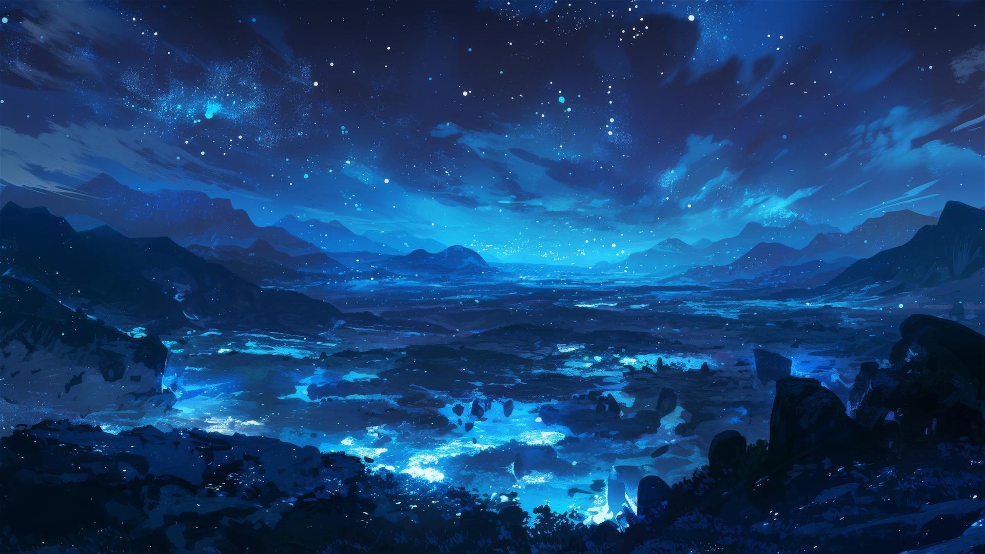 Lunar valley with glowing blue rocks lighting up like stars at night