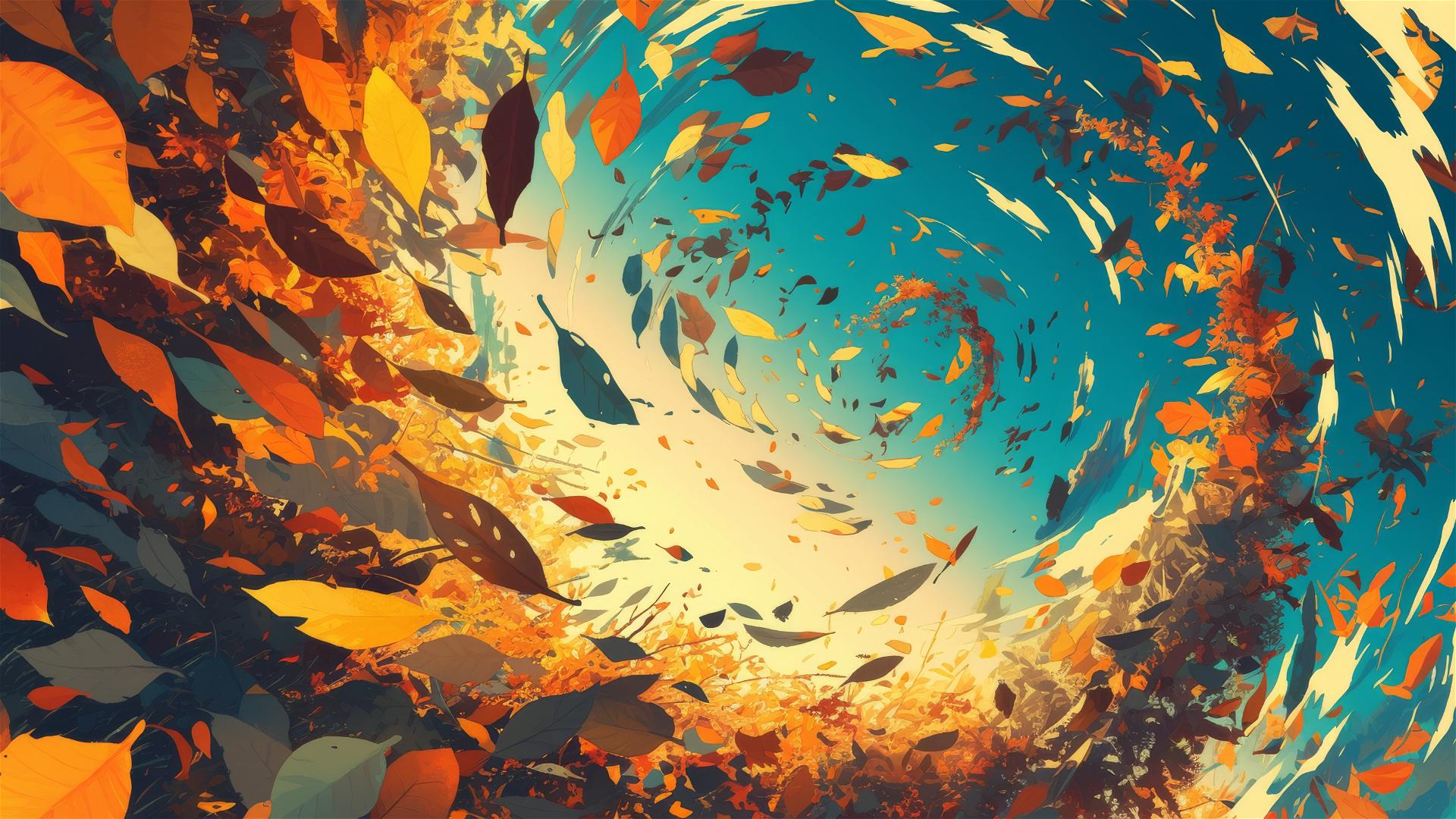 Autumn leaves swirling in a forest tornado